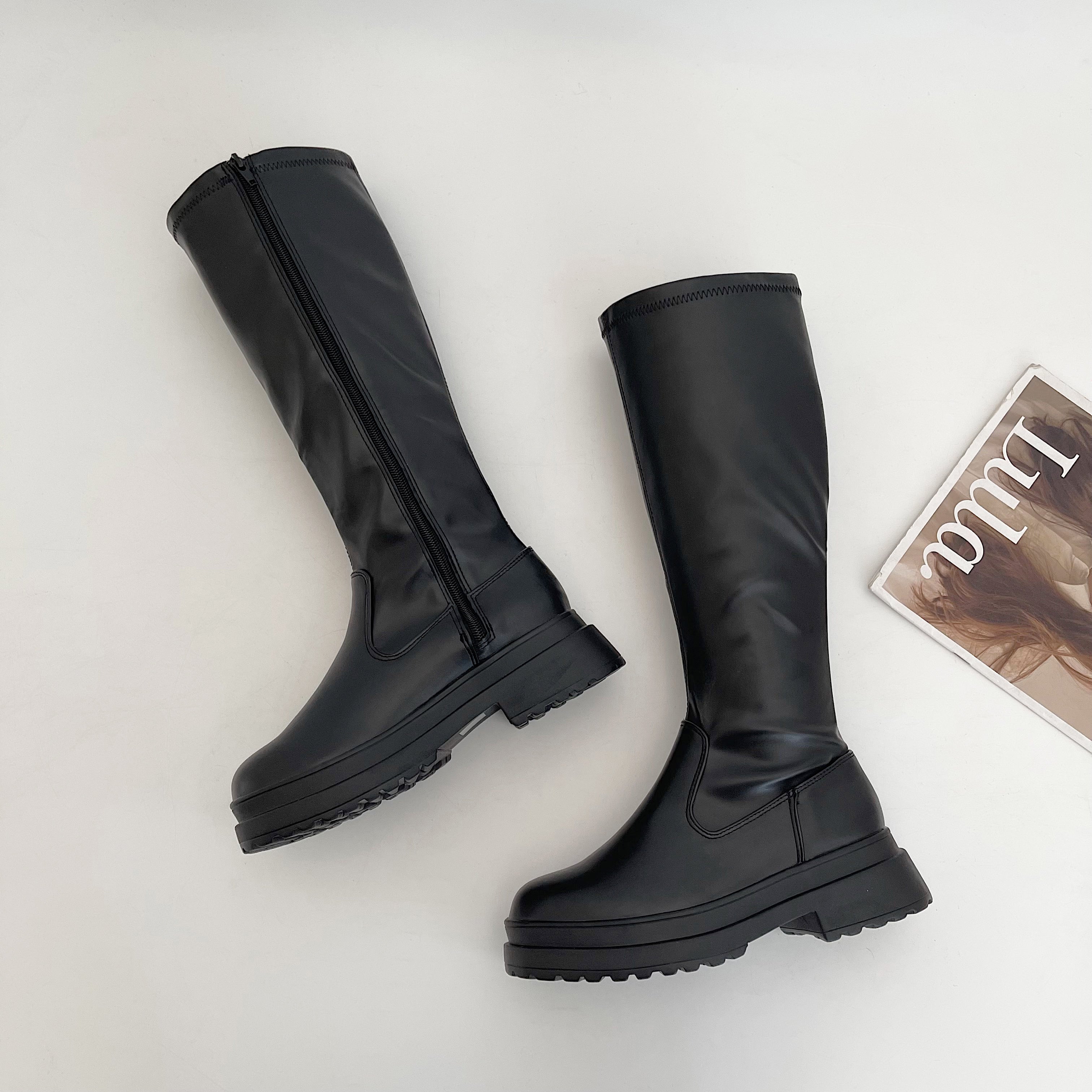 シューズインクローゼット Shoes in Closet -シュークロ- 厚底2段ソール ヒールアップ ストレッチ ロングブーツ 1846 (ブラック) ブラック