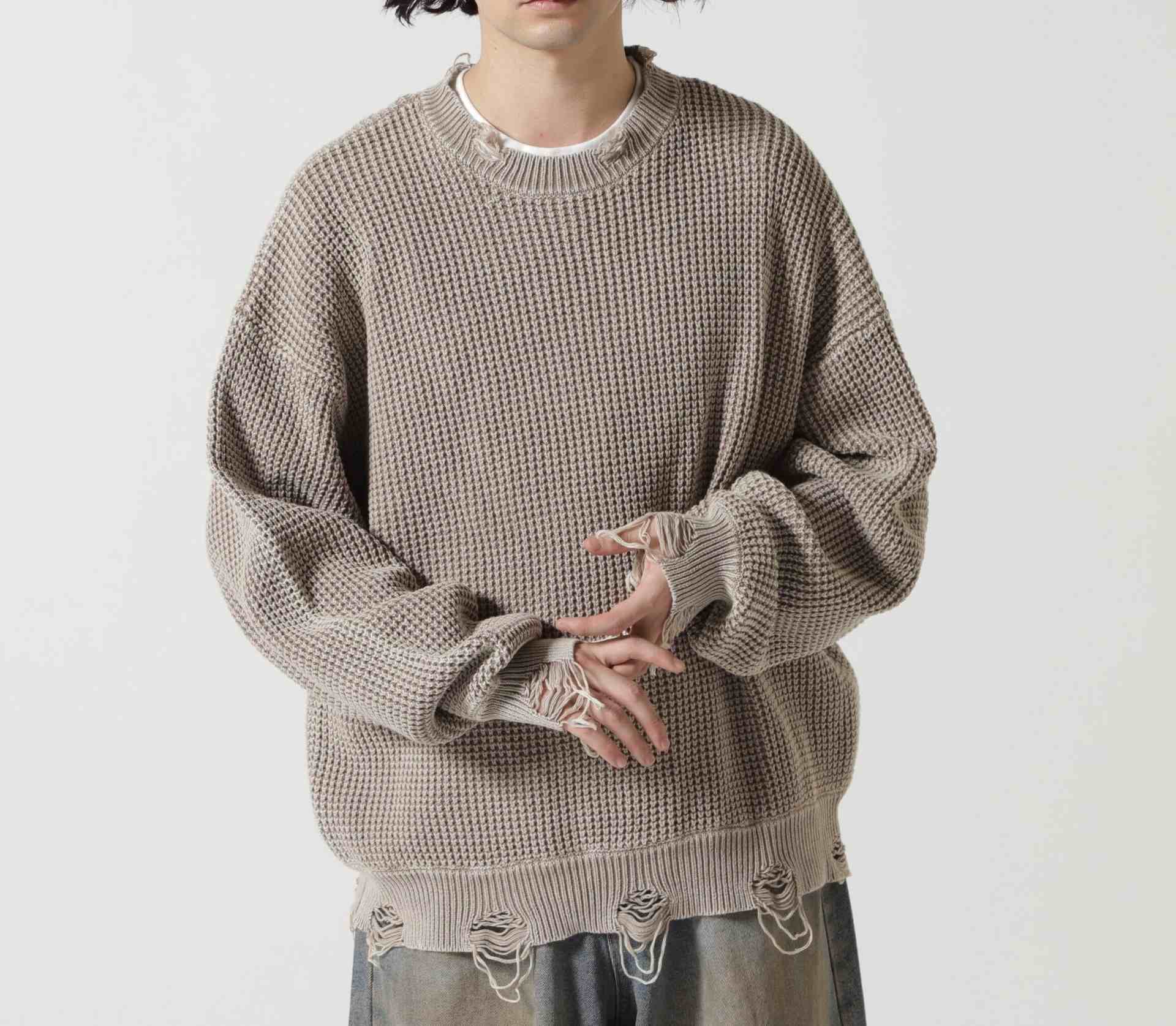 Dankeschon/ダンケシェーン/PIGMENT STONEWASH DAMAGE AZE C>EWNECK グレー