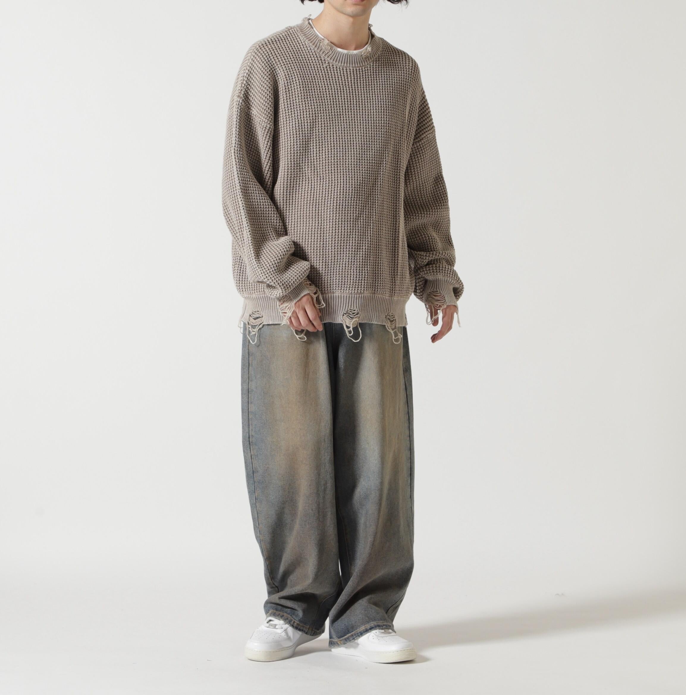 Dankeschon/ダンケシェーン/PIGMENT STONEWASH DAMAGE AZE C>EWNECK グレー