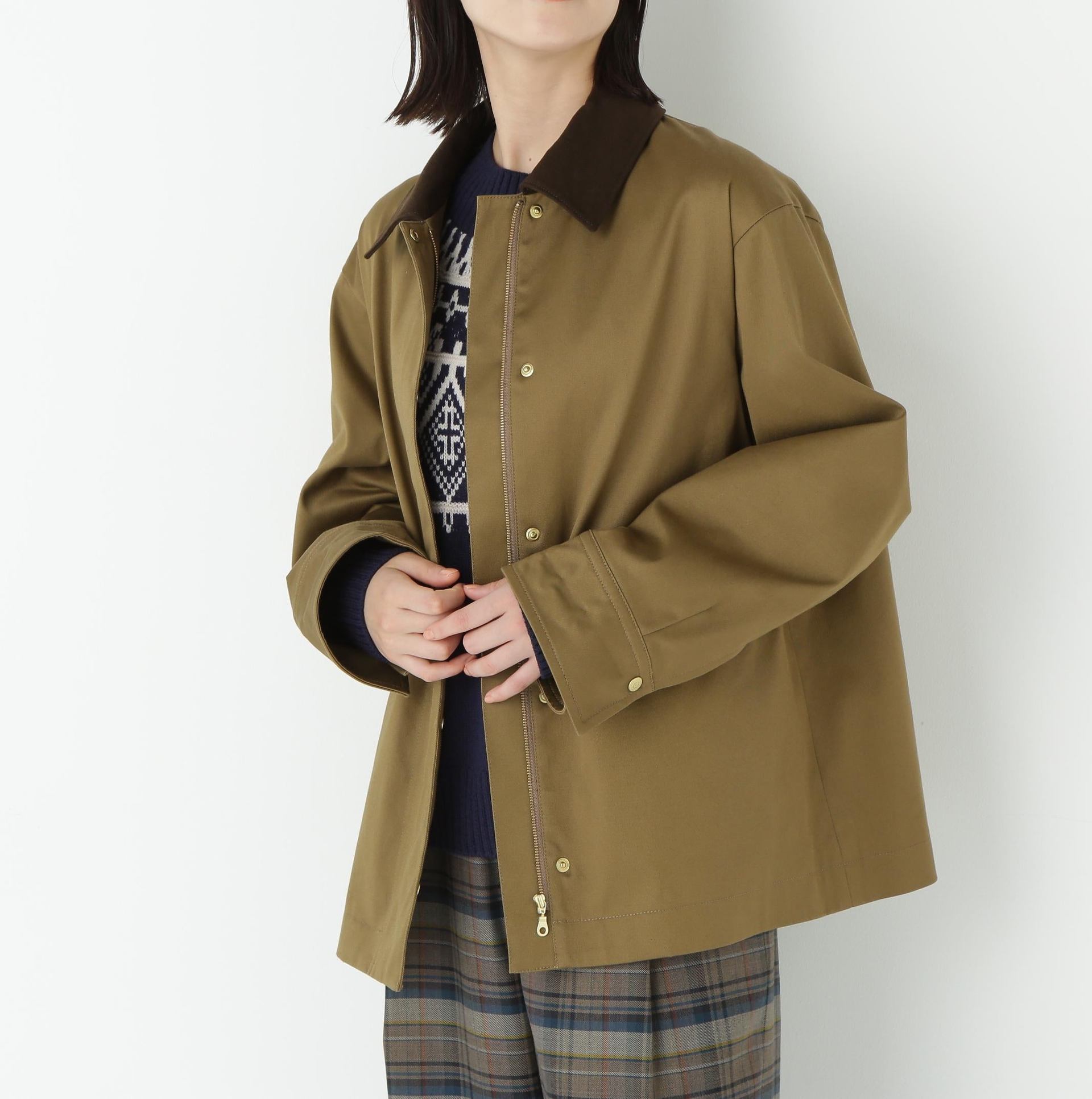 コットンツイルストレッチブルゾン ベージュ×ブラウン