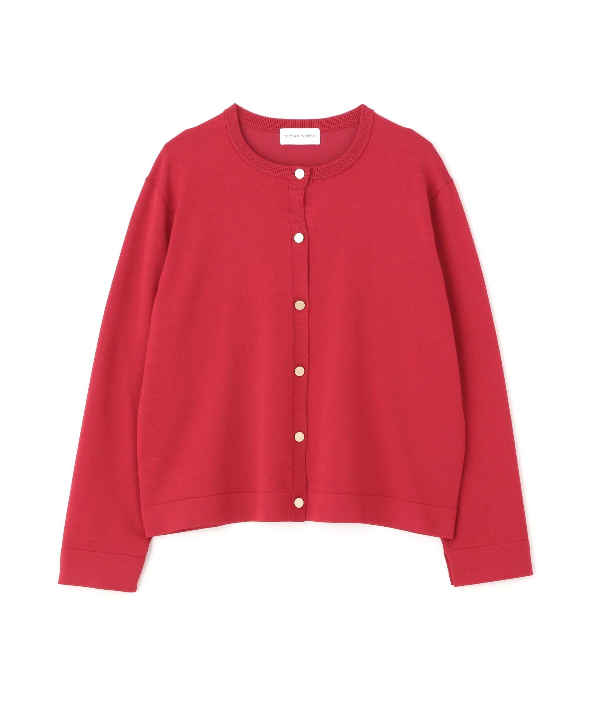 ◆レーヨン混ハイゲージクルーネックカーディガン レッド