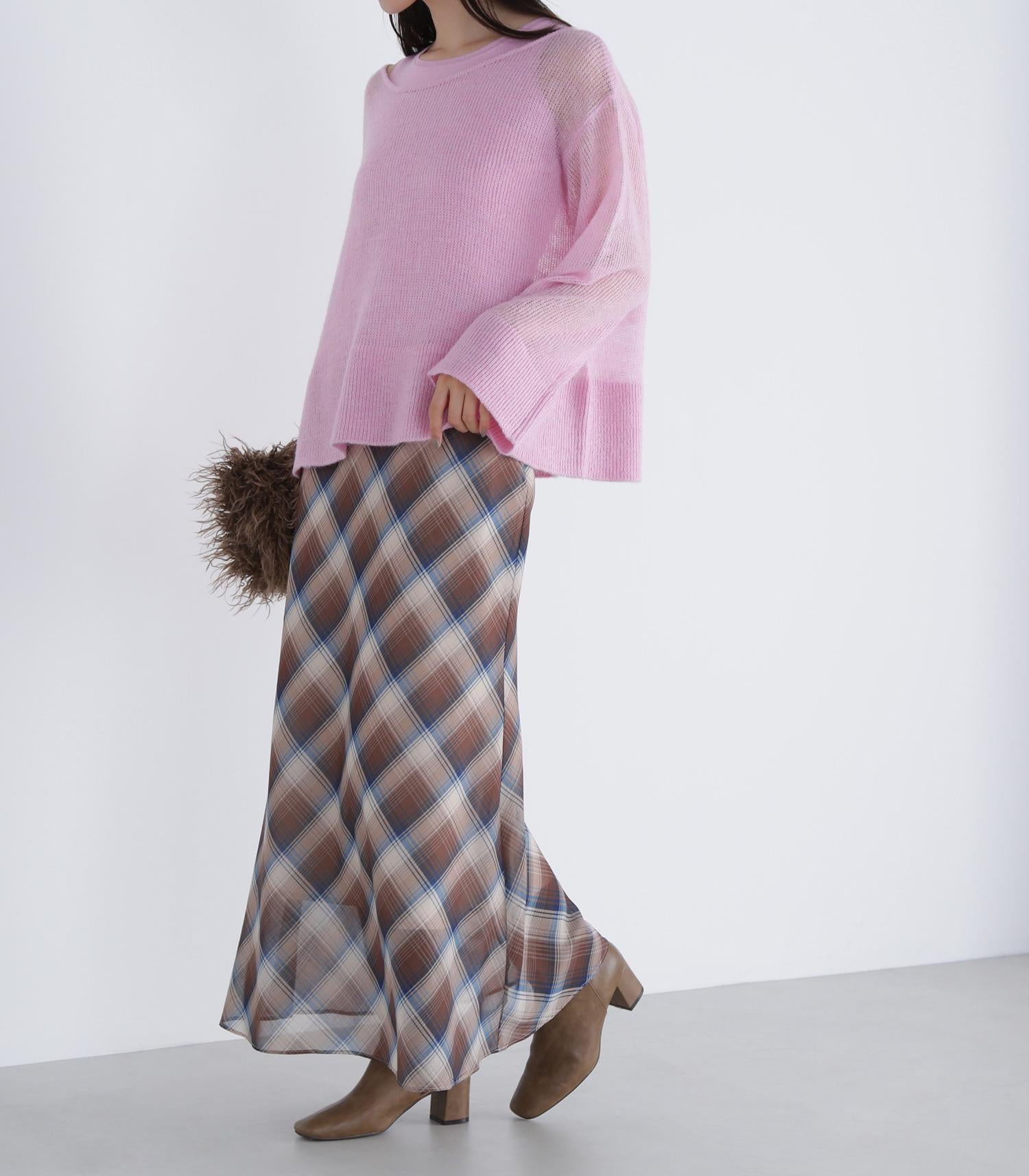 シアーチェックナロースカート ベージュ系2