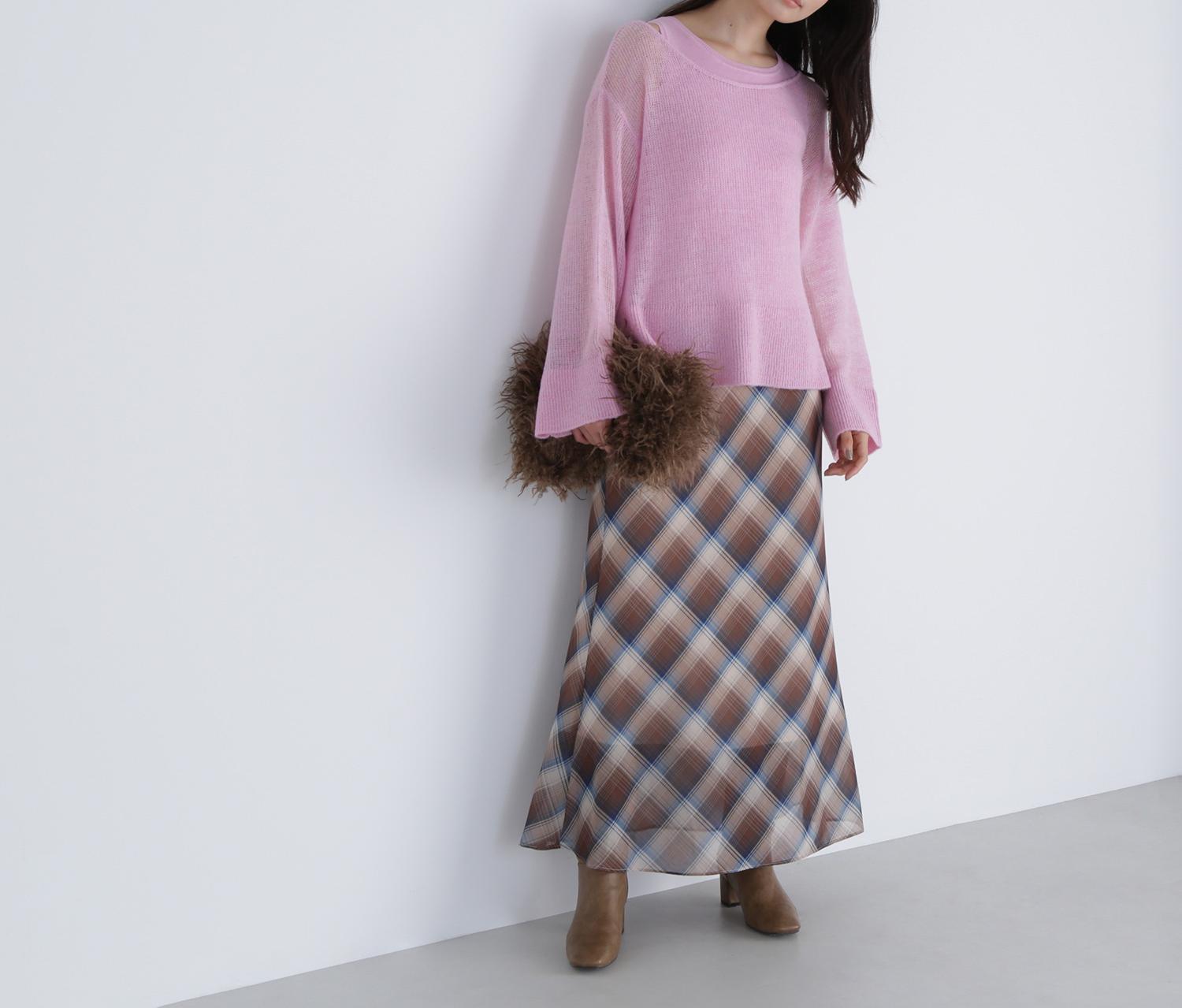 シアーチェックナロースカート ベージュ系2