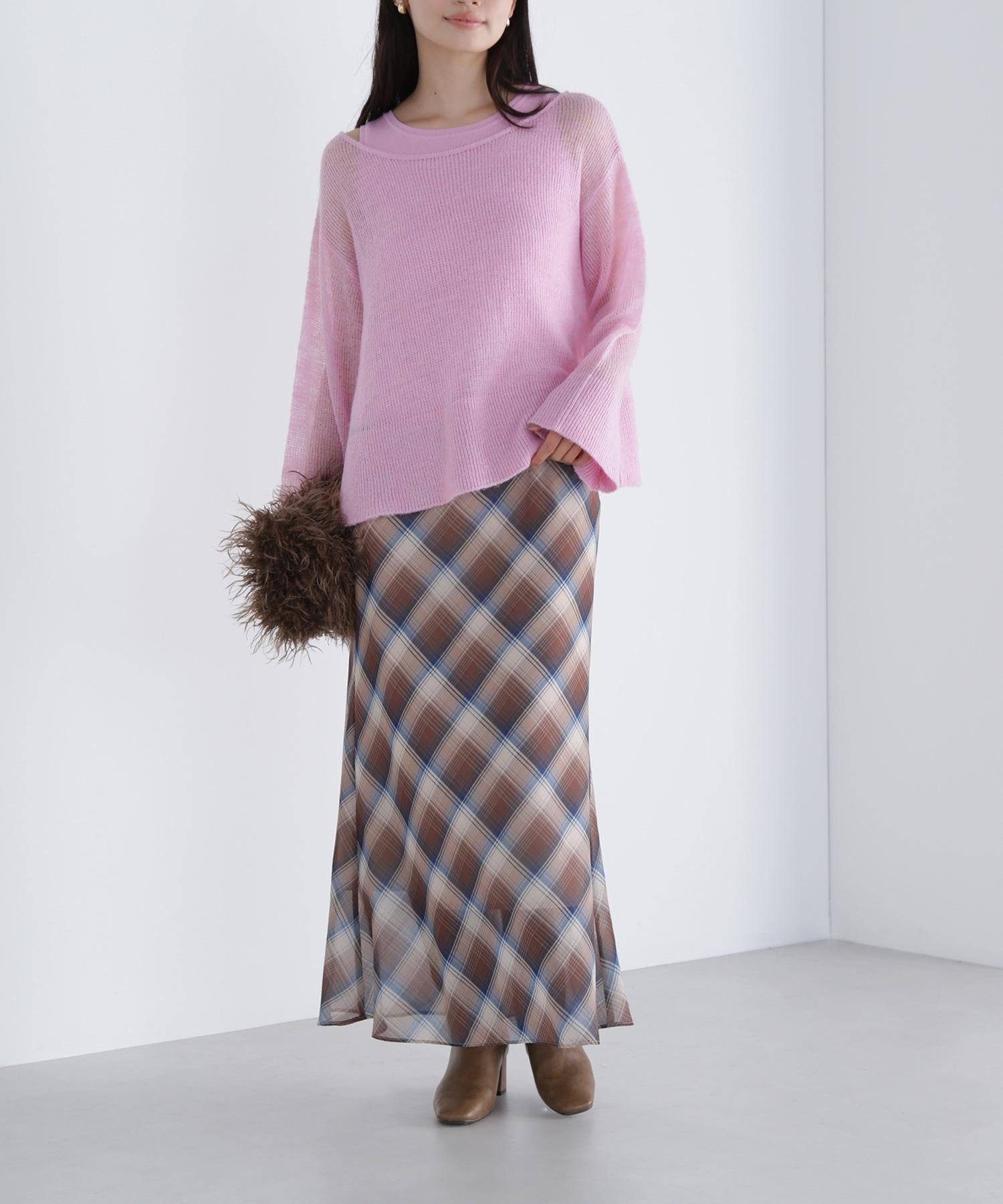 シアーチェックナロースカート ベージュ系2