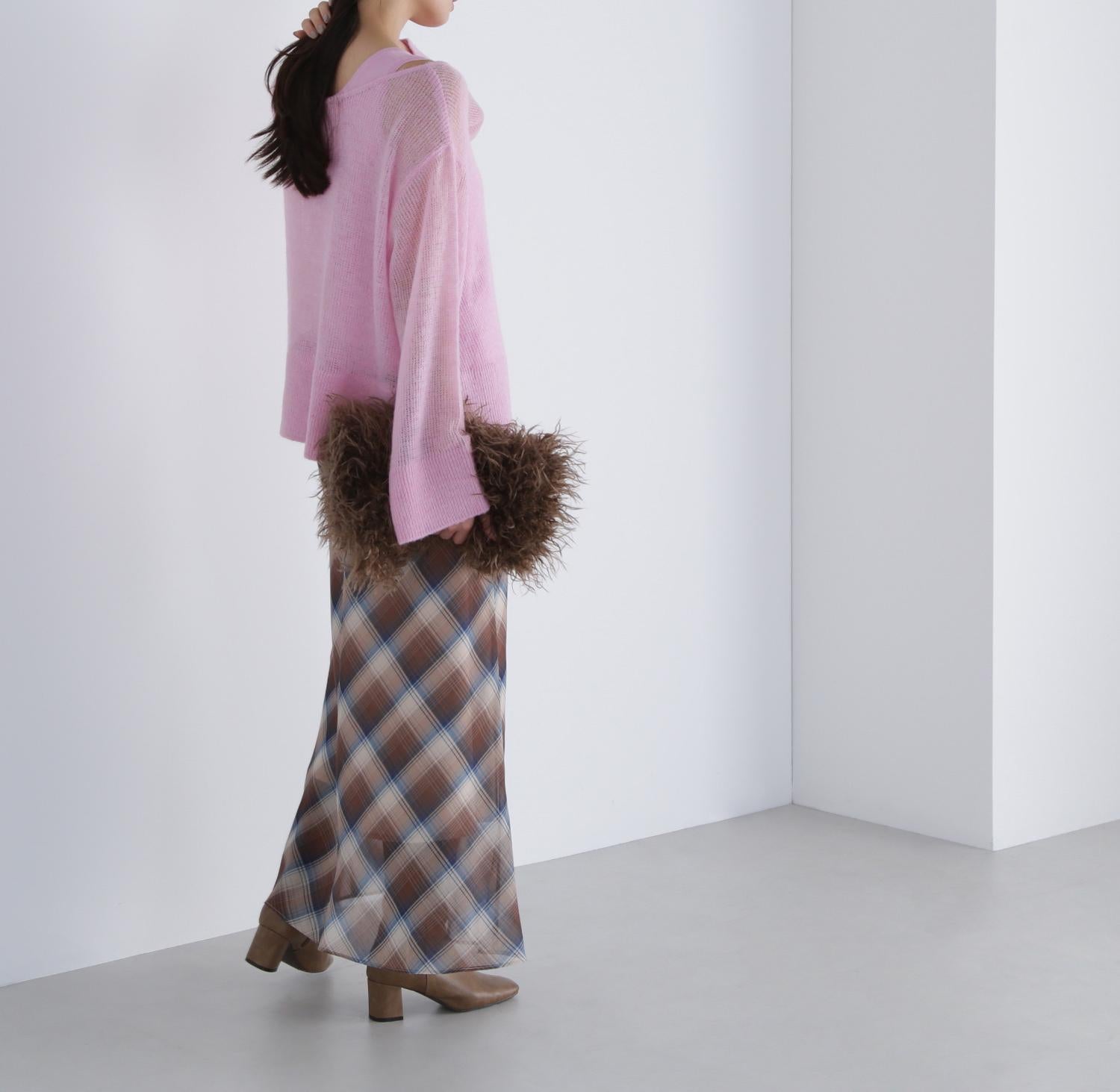 シアーチェックナロースカート ベージュ系2