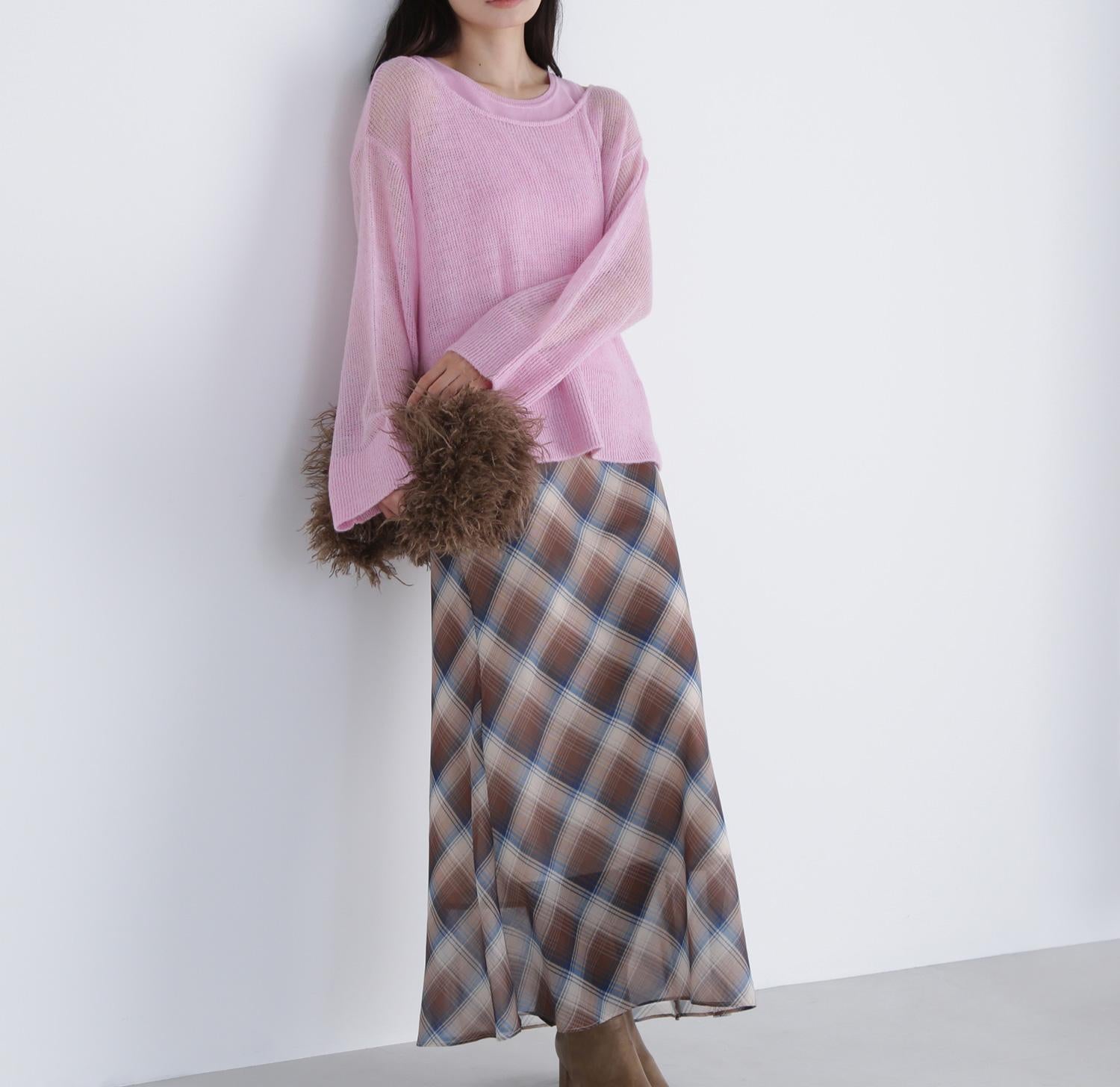 シアーチェックナロースカート ベージュ系2