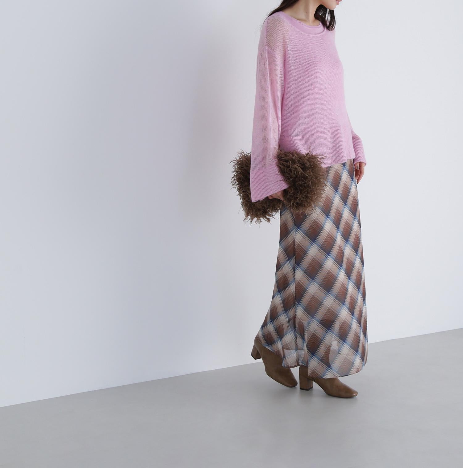 シアーチェックナロースカート ベージュ系2