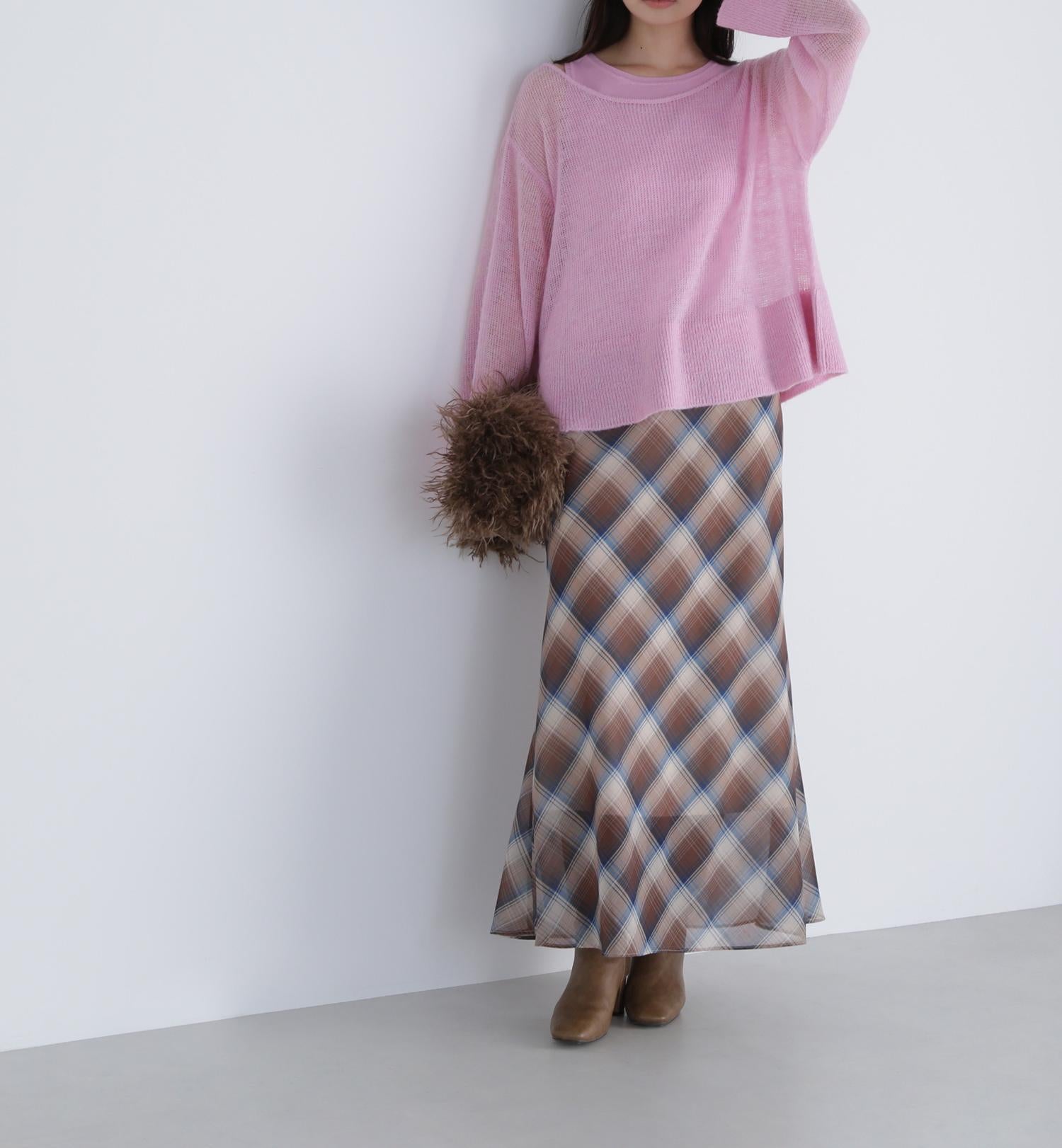 シアーチェックナロースカート ベージュ系2