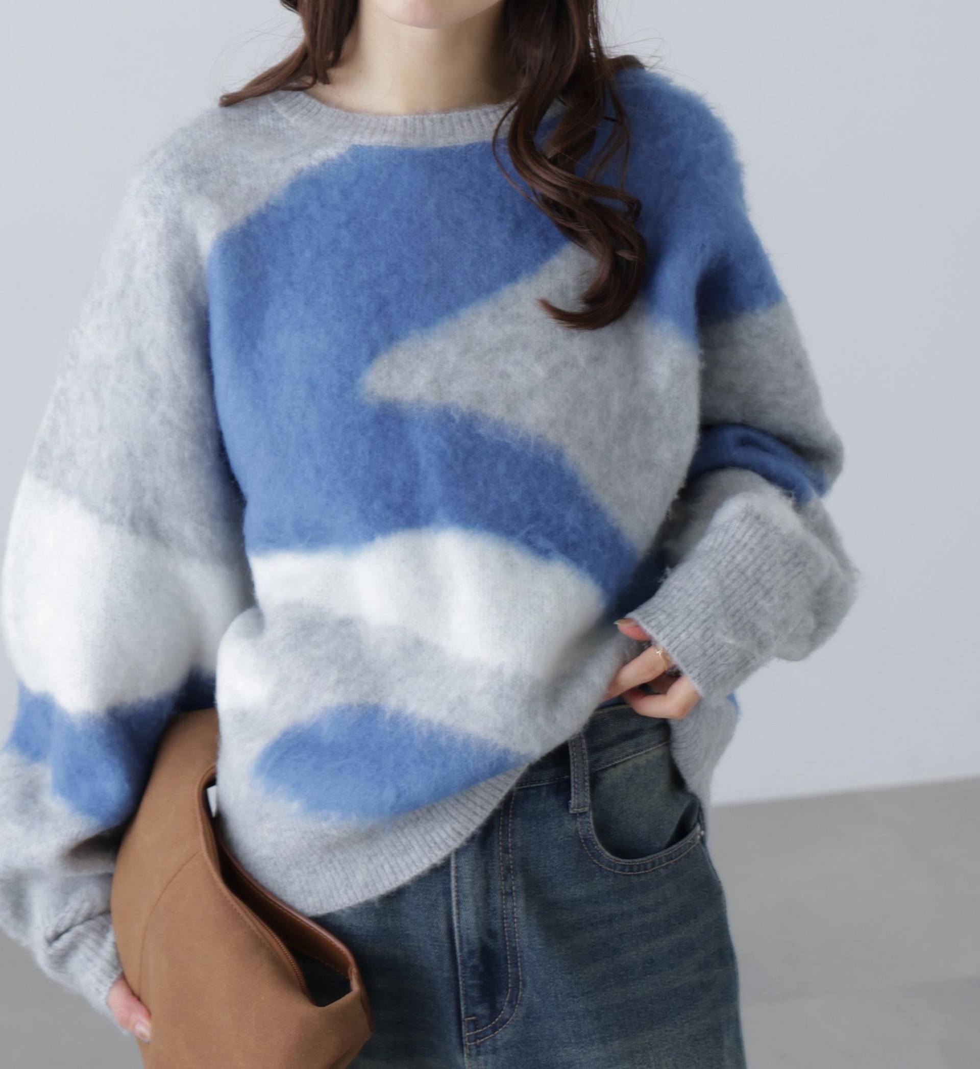 起毛ニュアンス柄ニット グレー