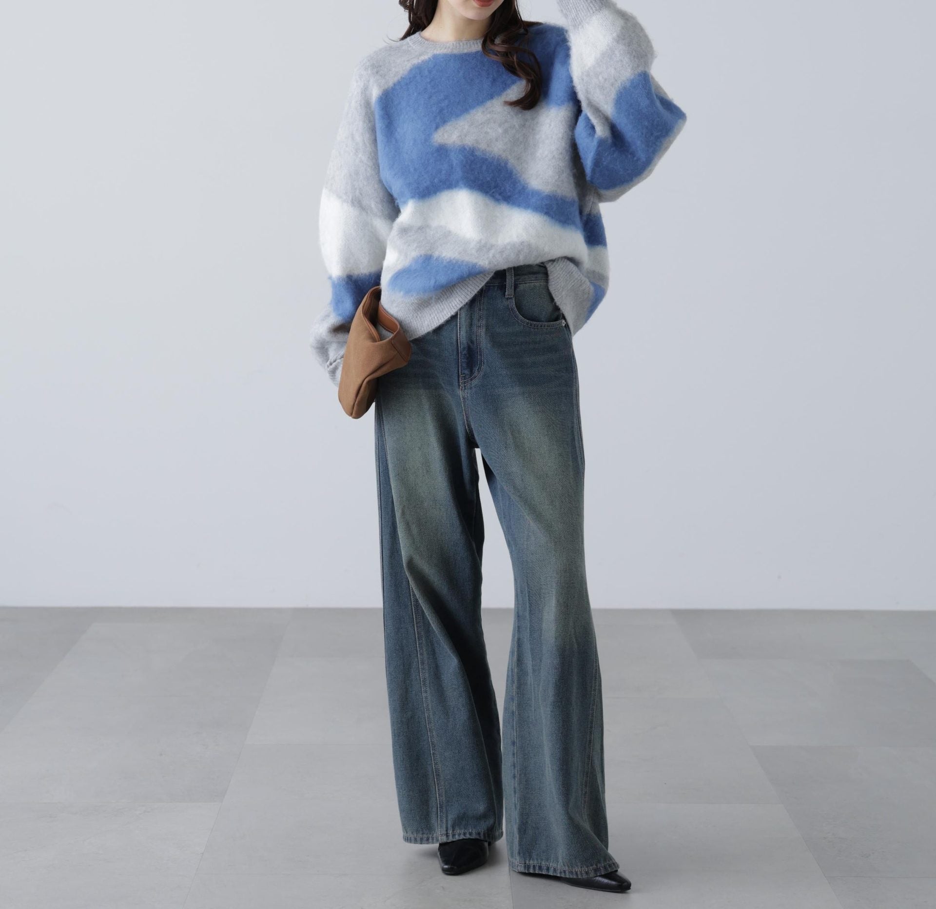 起毛ニュアンス柄ニット グレー