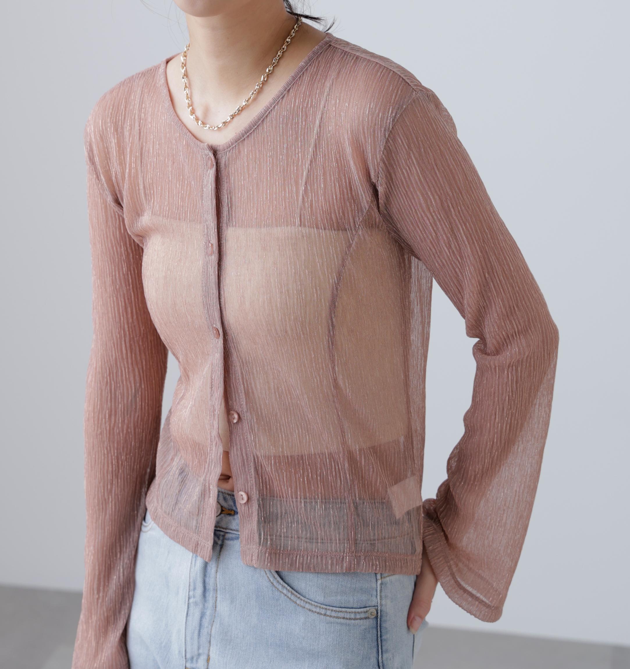 ラメシアー楊柳カットソーカーディガン ピンク