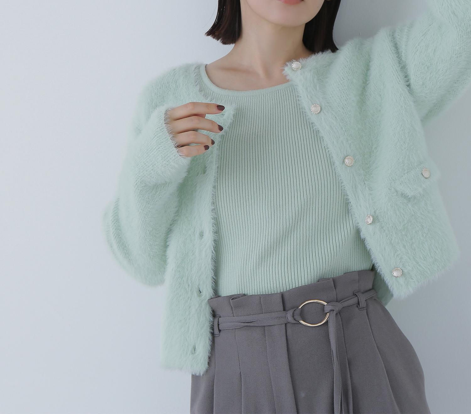 “ふわ&リブ”アンサンブルニット ライトグリーン