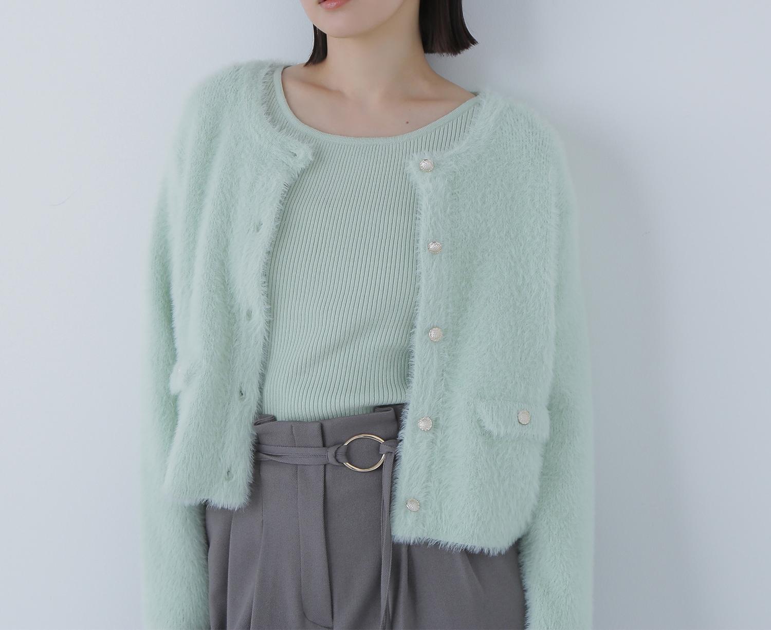 “ふわ&リブ”アンサンブルニット ライトグリーン