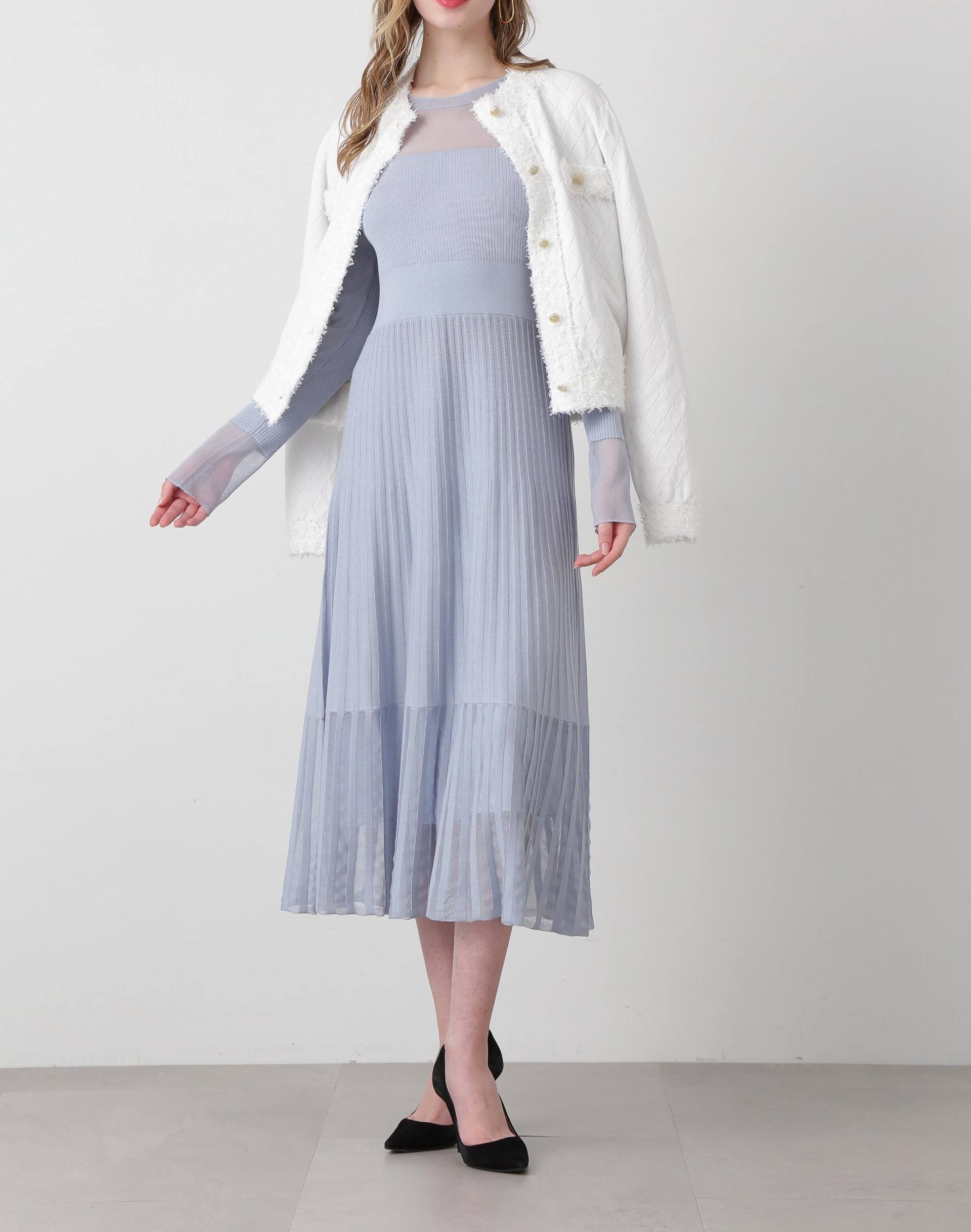 ◆シアーコンビフレアーニットワンピース サックスブルー2