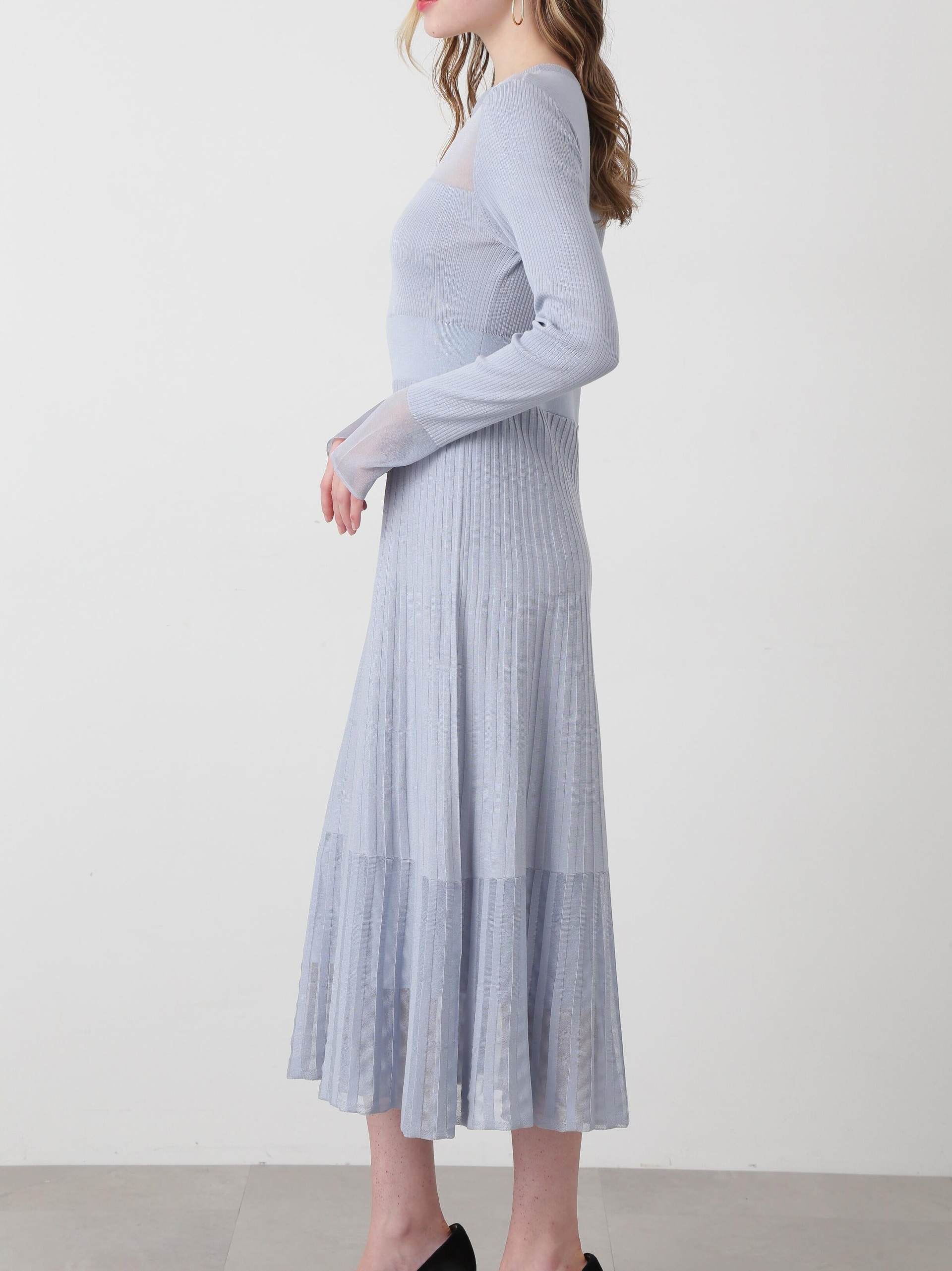 ◆シアーコンビフレアーニットワンピース サックスブルー2