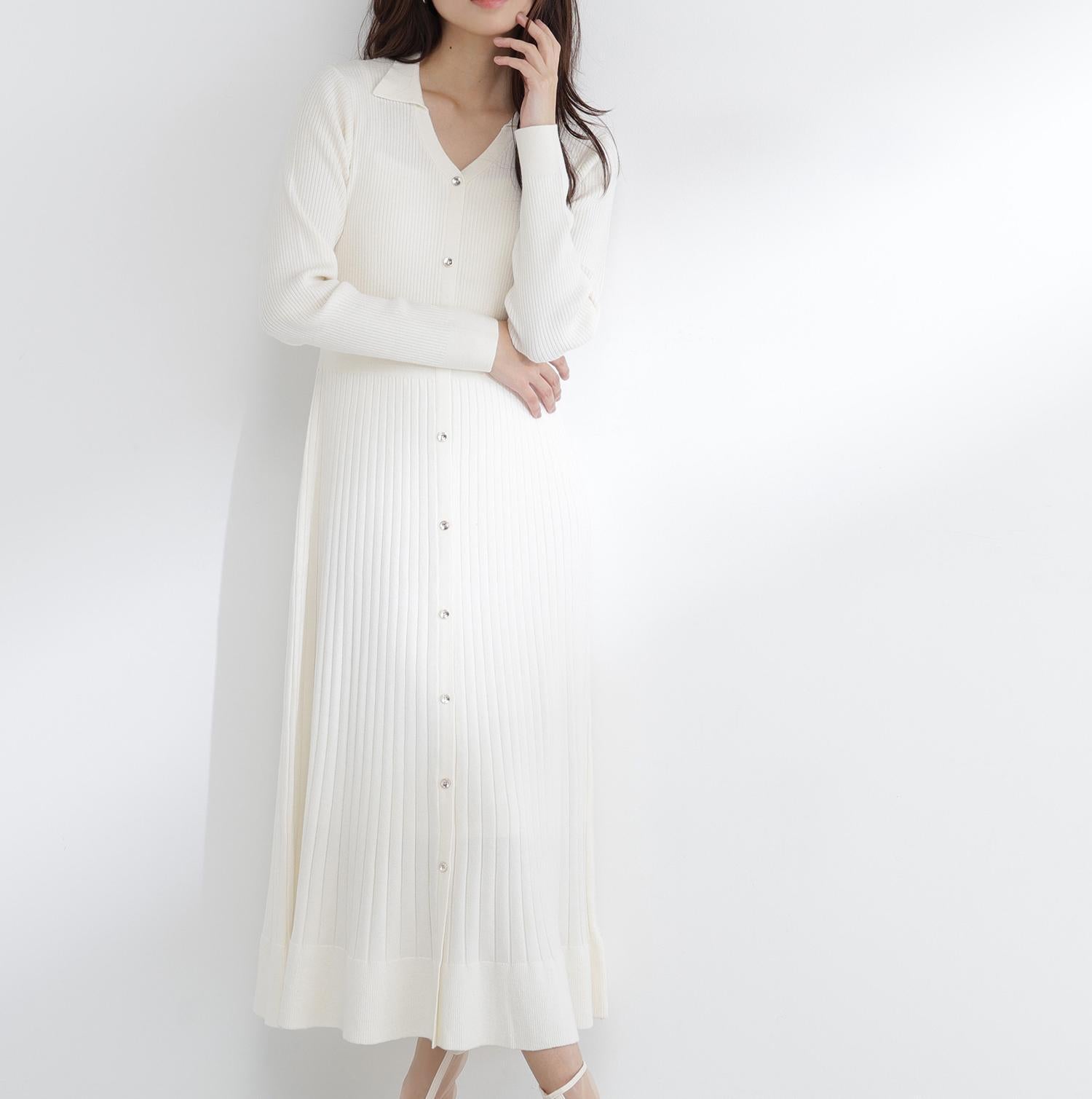 スキッパーリブニットワンピース オフホワイト1