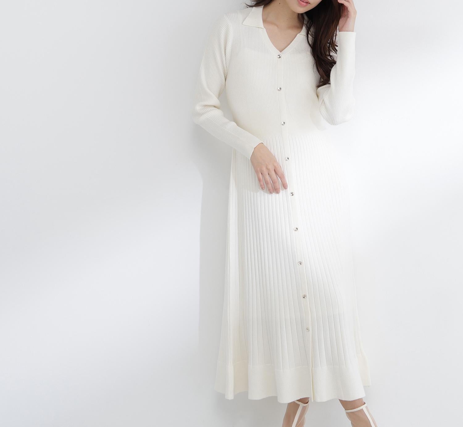 スキッパーリブニットワンピース オフホワイト1