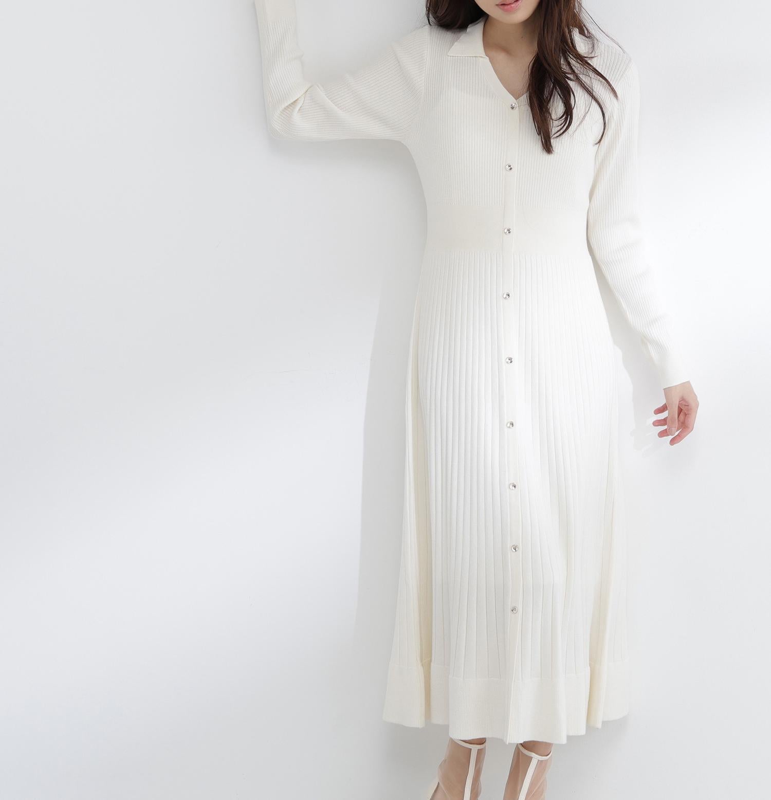 スキッパーリブニットワンピース オフホワイト1