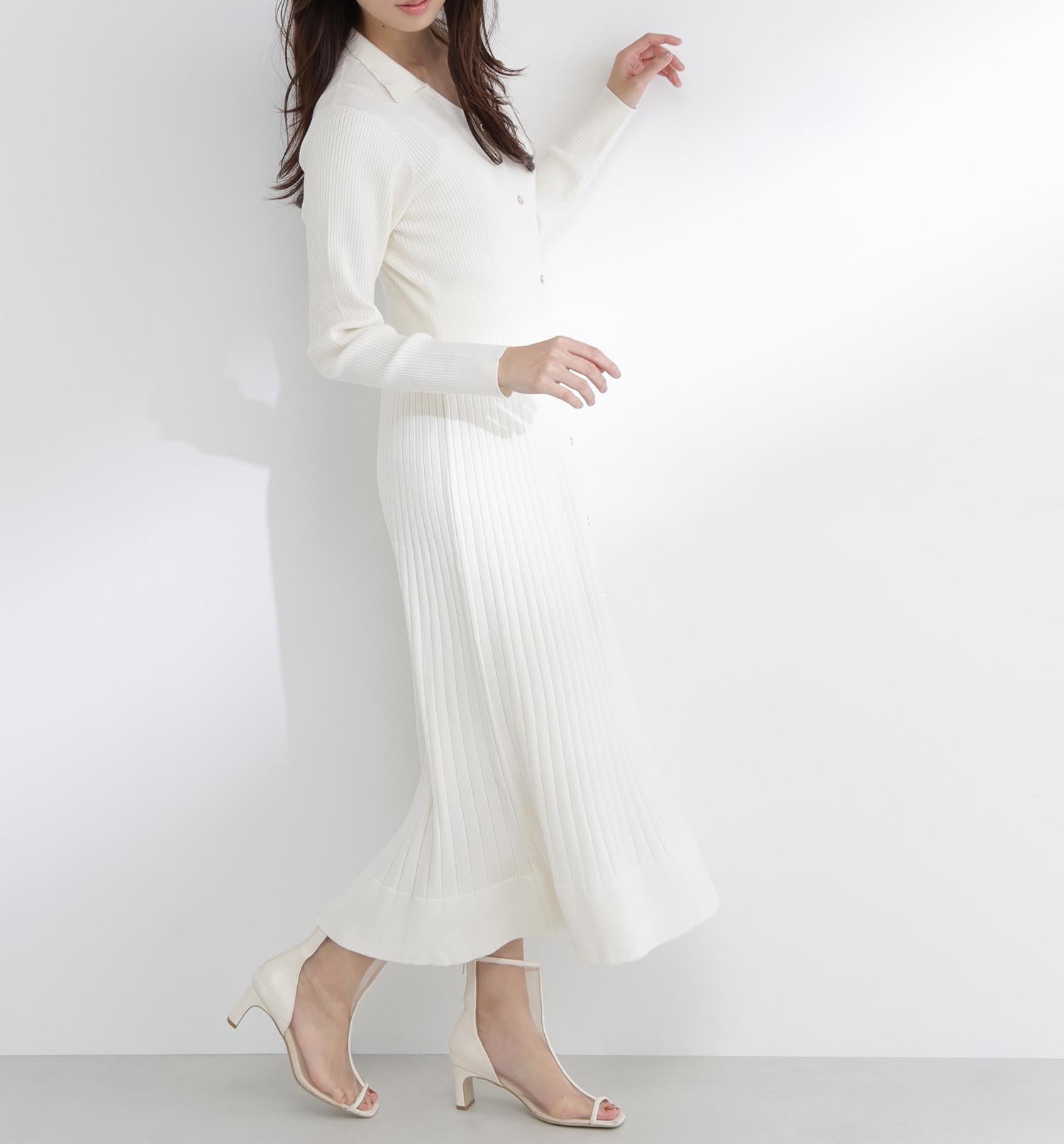 スキッパーリブニットワンピース オフホワイト1