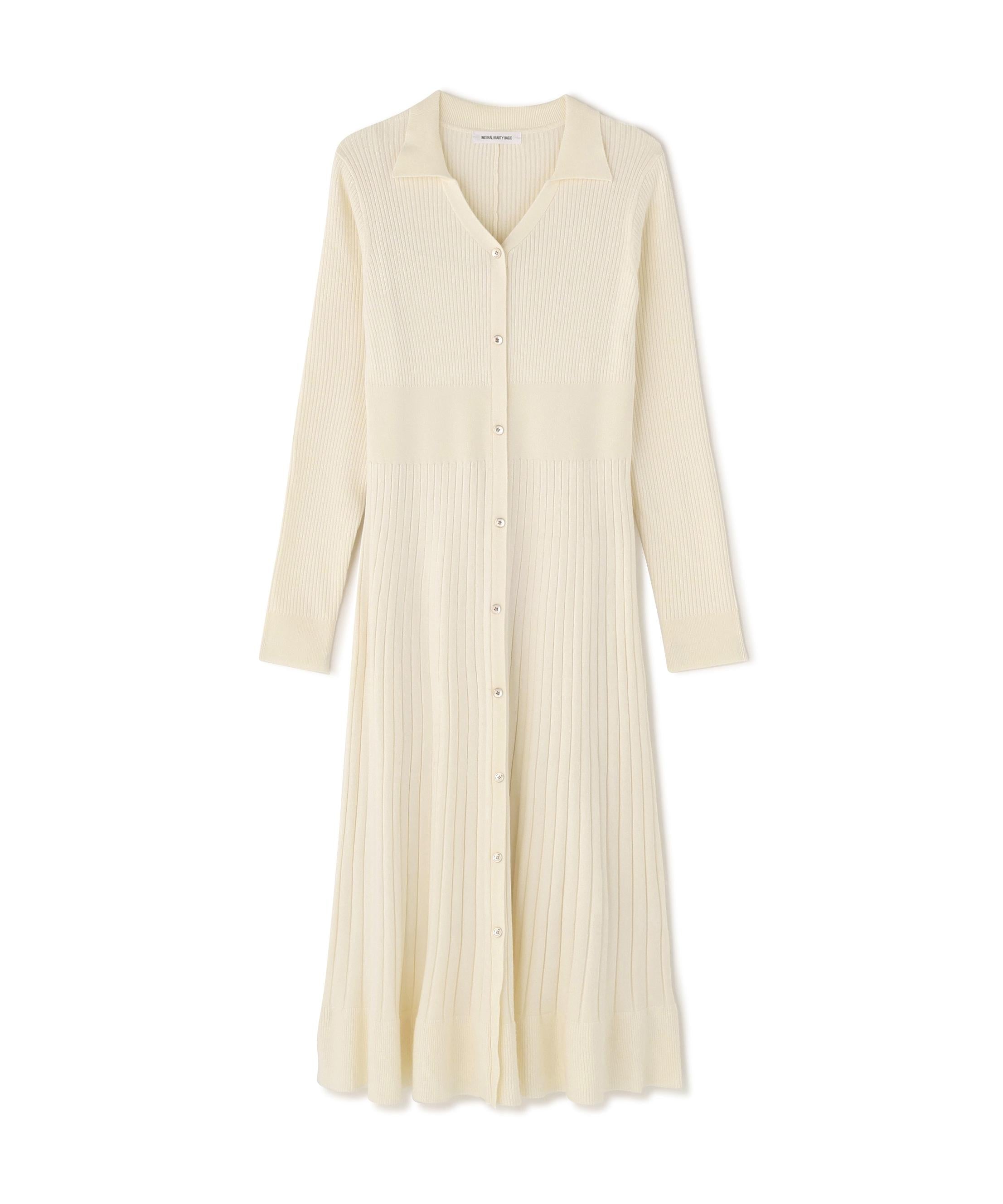 スキッパーリブニットワンピース オフホワイト1