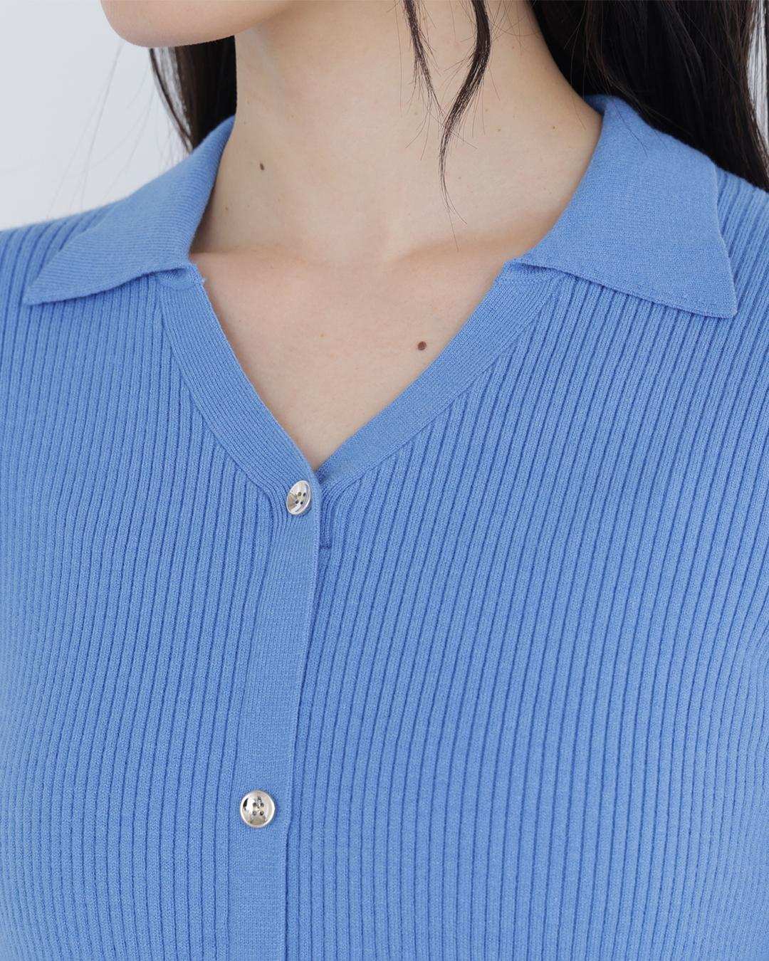 スキッパーリブニットワンピース ブルー