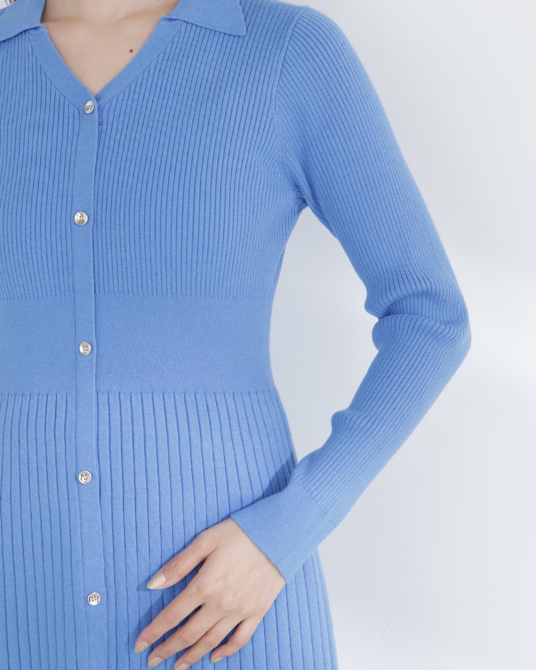 スキッパーリブニットワンピース ブルー
