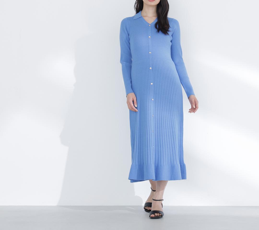 スキッパーリブニットワンピース ブルー