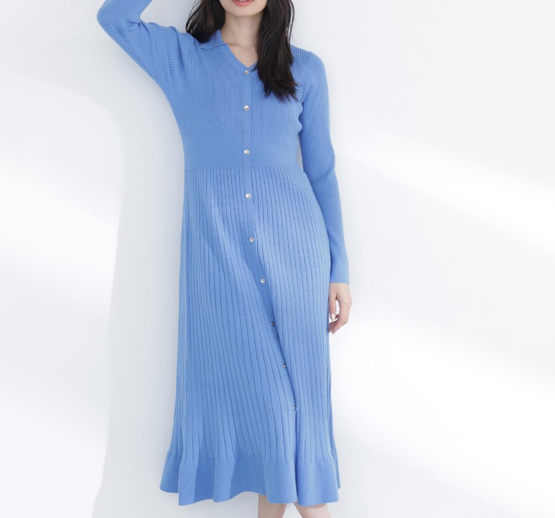 スキッパーリブニットワンピース ブルー