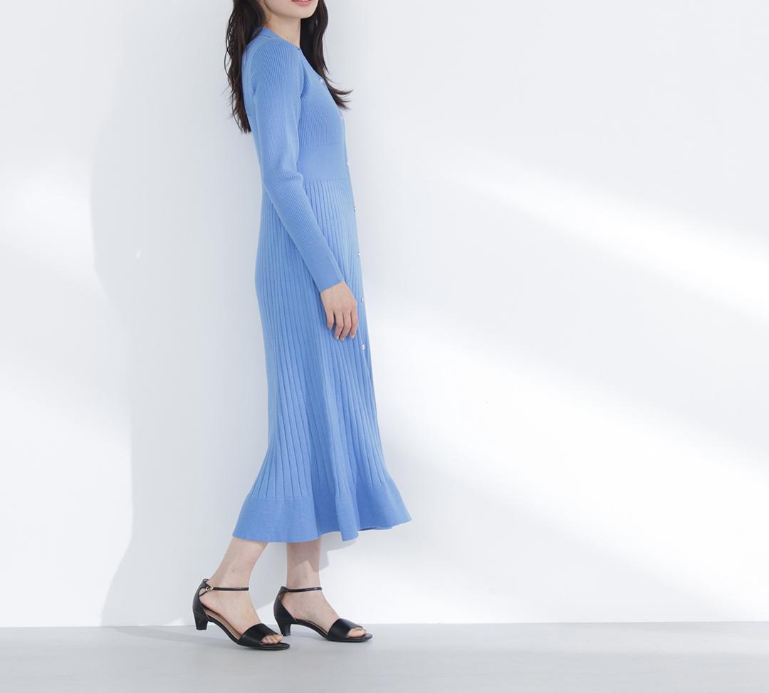 スキッパーリブニットワンピース ブルー
