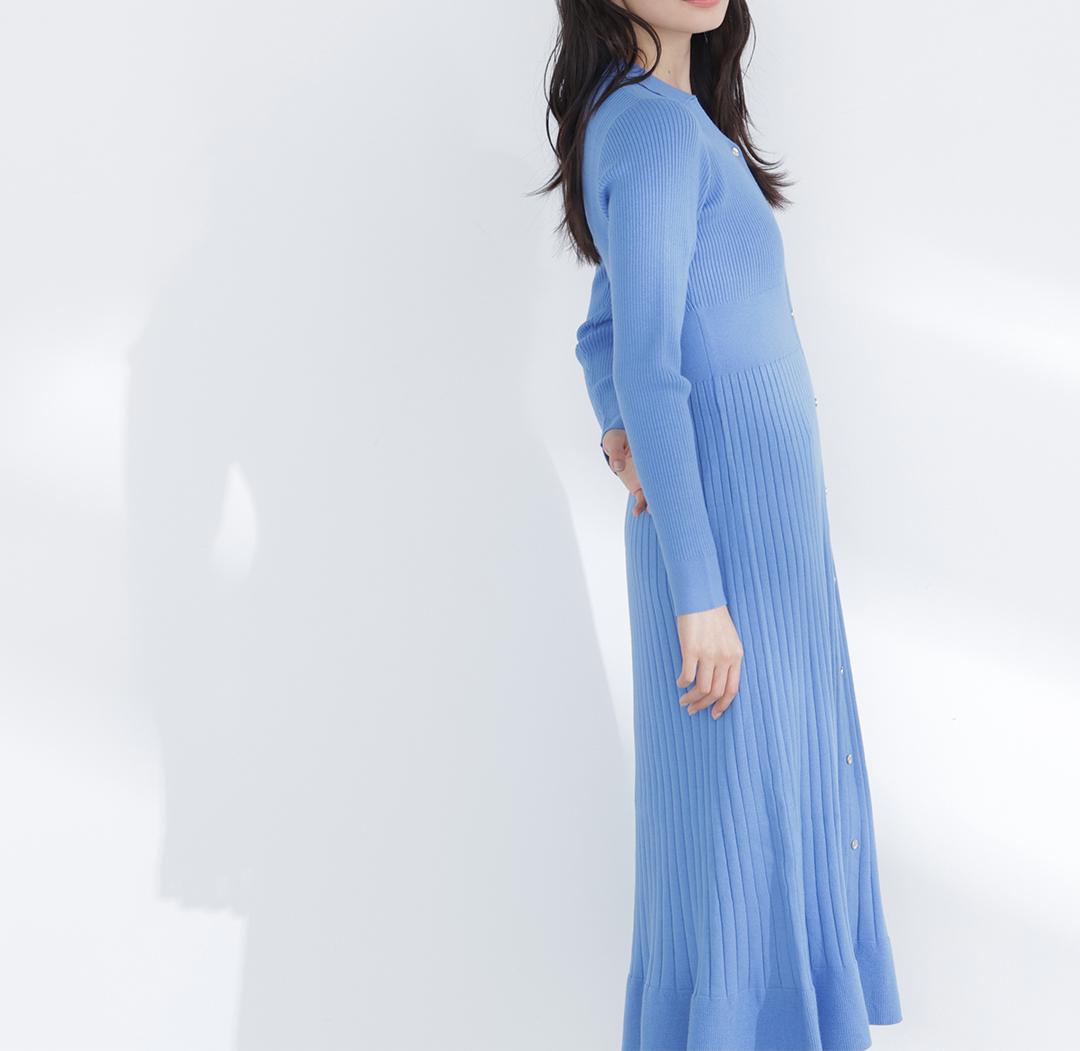 スキッパーリブニットワンピース ブルー