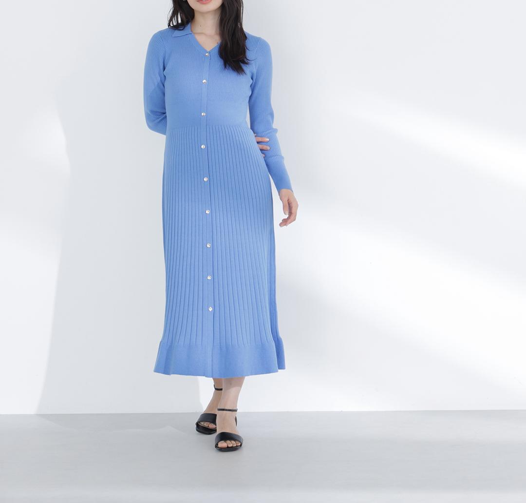 スキッパーリブニットワンピース ブルー