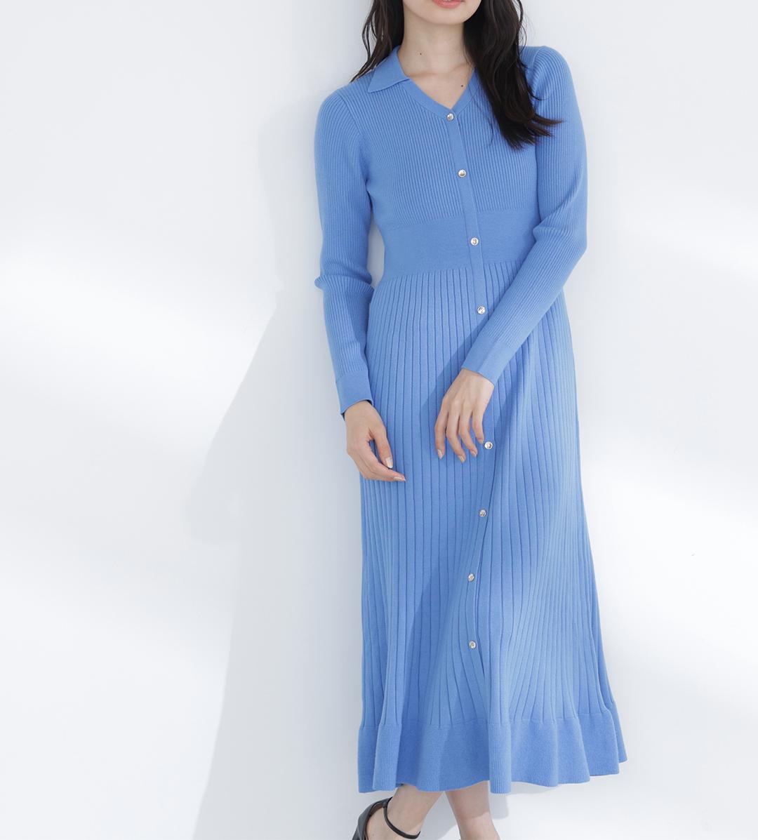 スキッパーリブニットワンピース ブルー