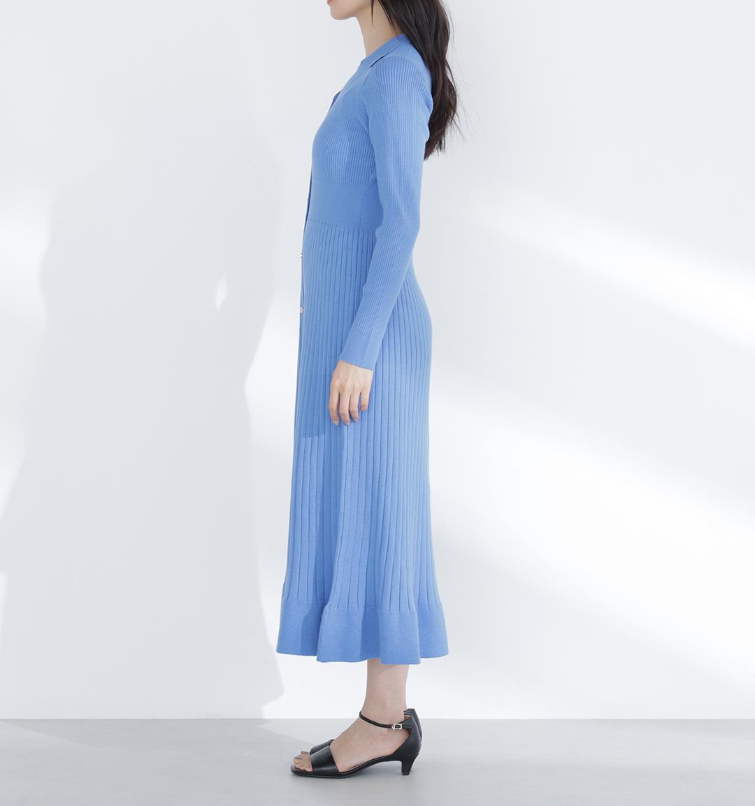 スキッパーリブニットワンピース ブルー