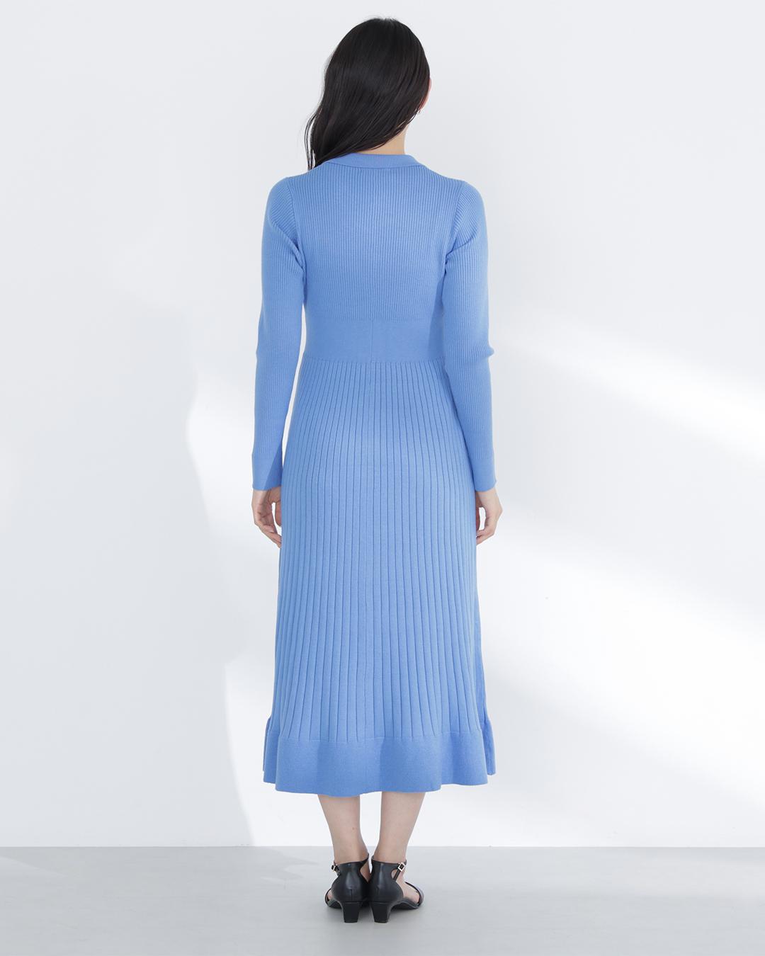 スキッパーリブニットワンピース ブルー