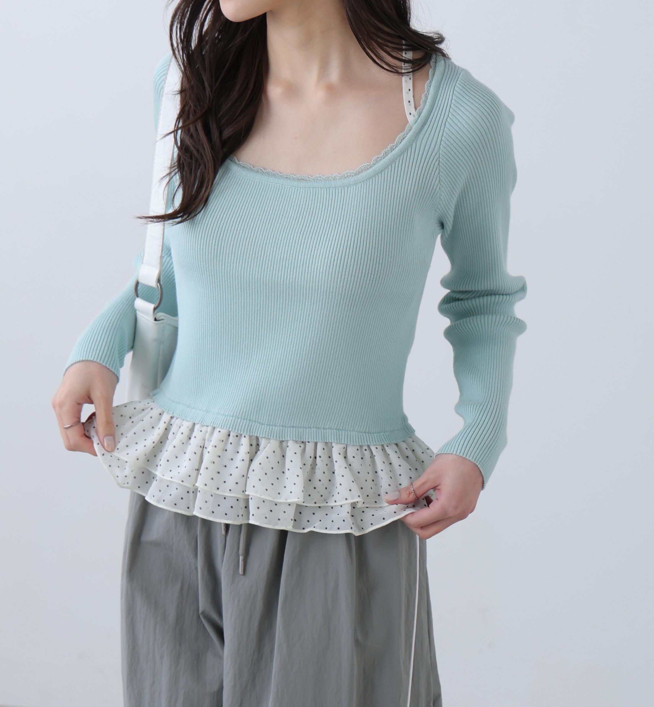 ドットフリルレイヤードニット ライトブルー