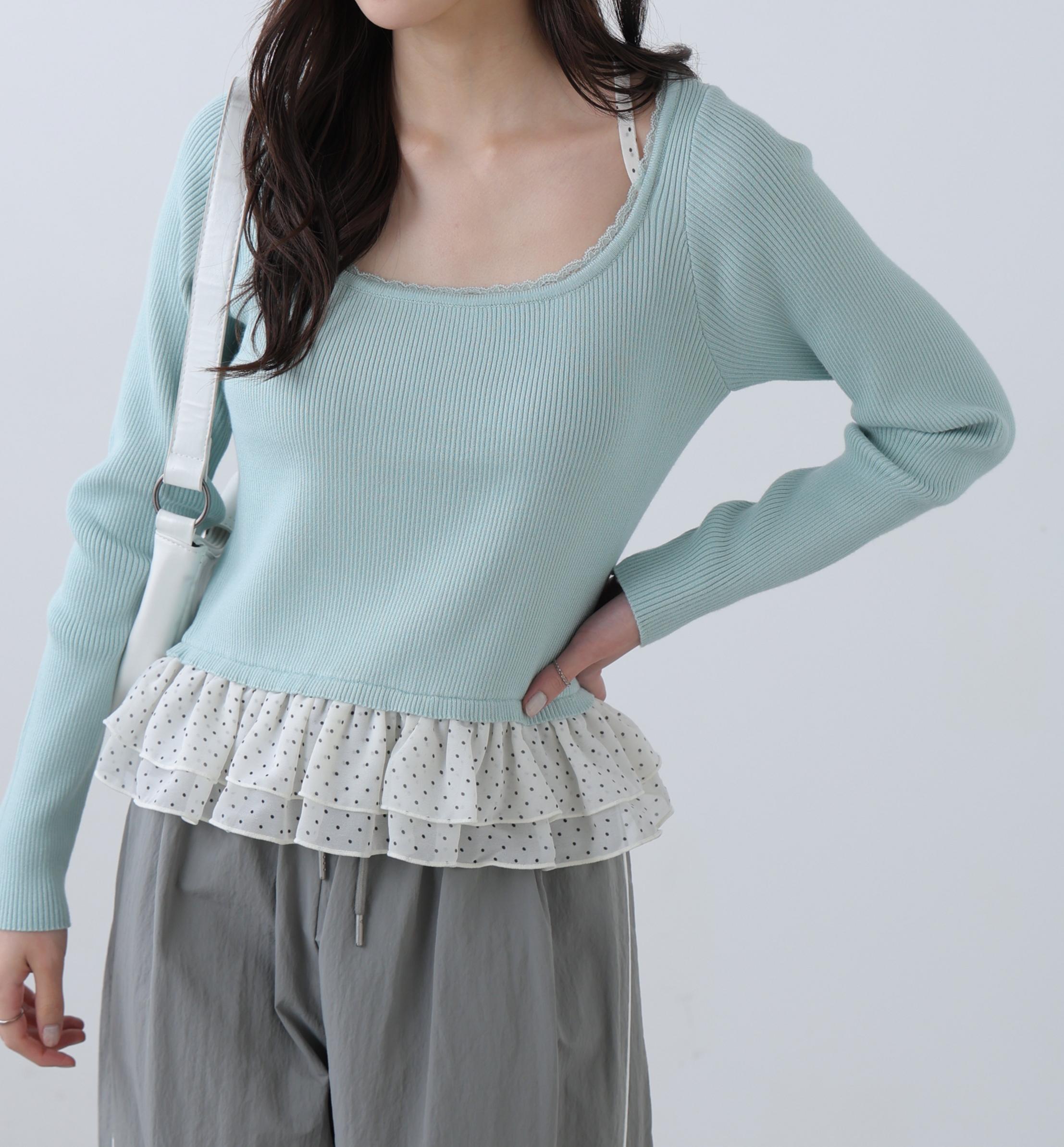 ドットフリルレイヤードニット ライトブルー