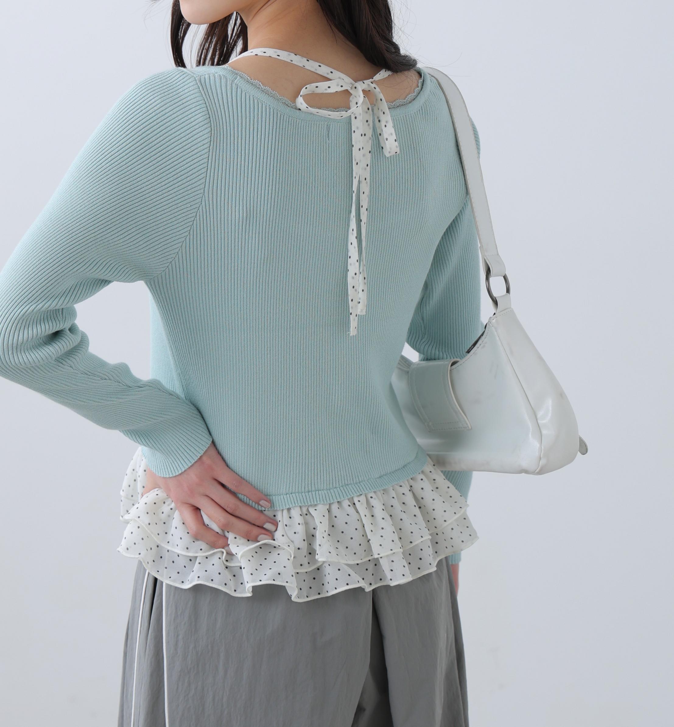 ドットフリルレイヤードニット ライトブルー