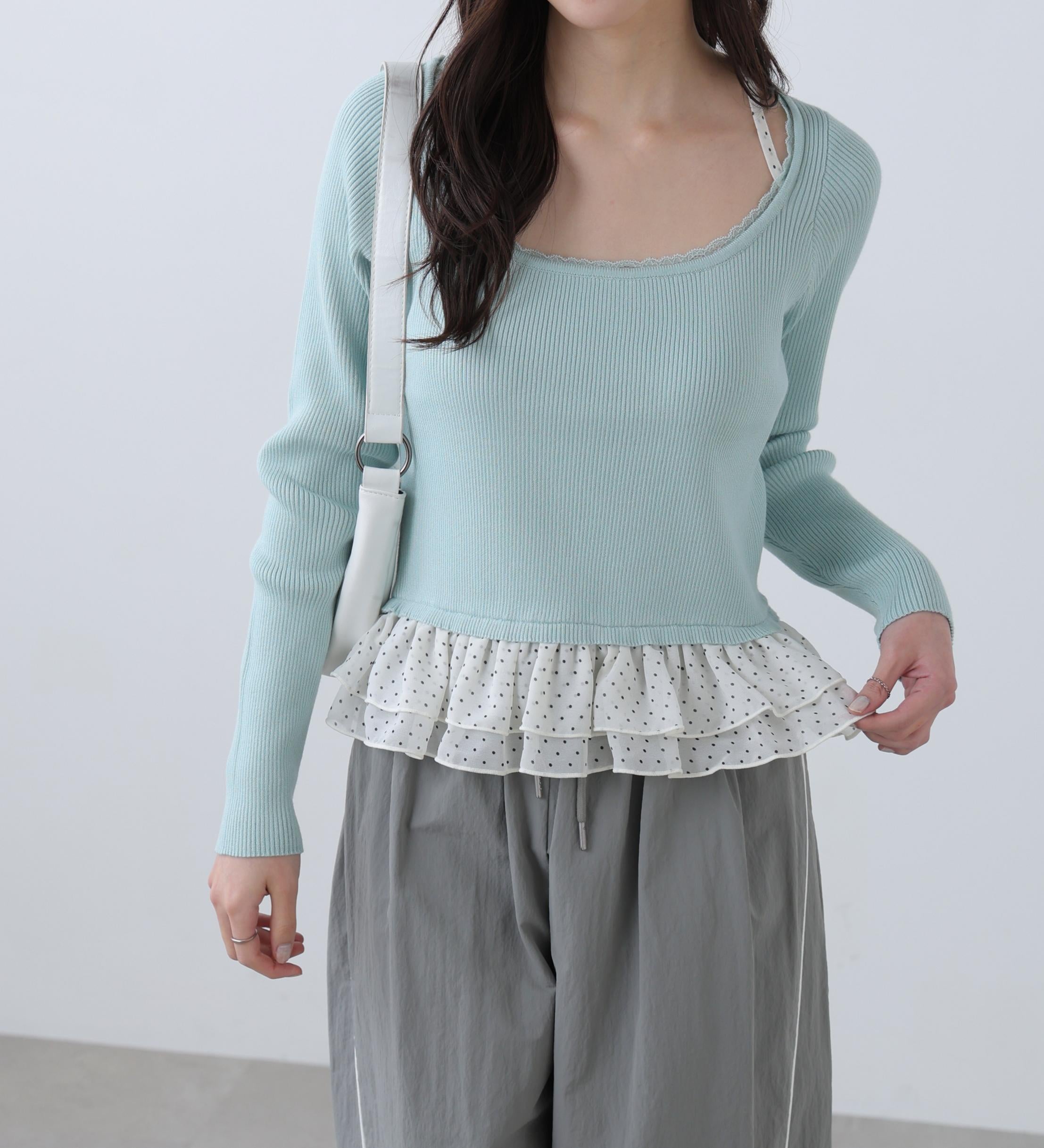 ドットフリルレイヤードニット ライトブルー
