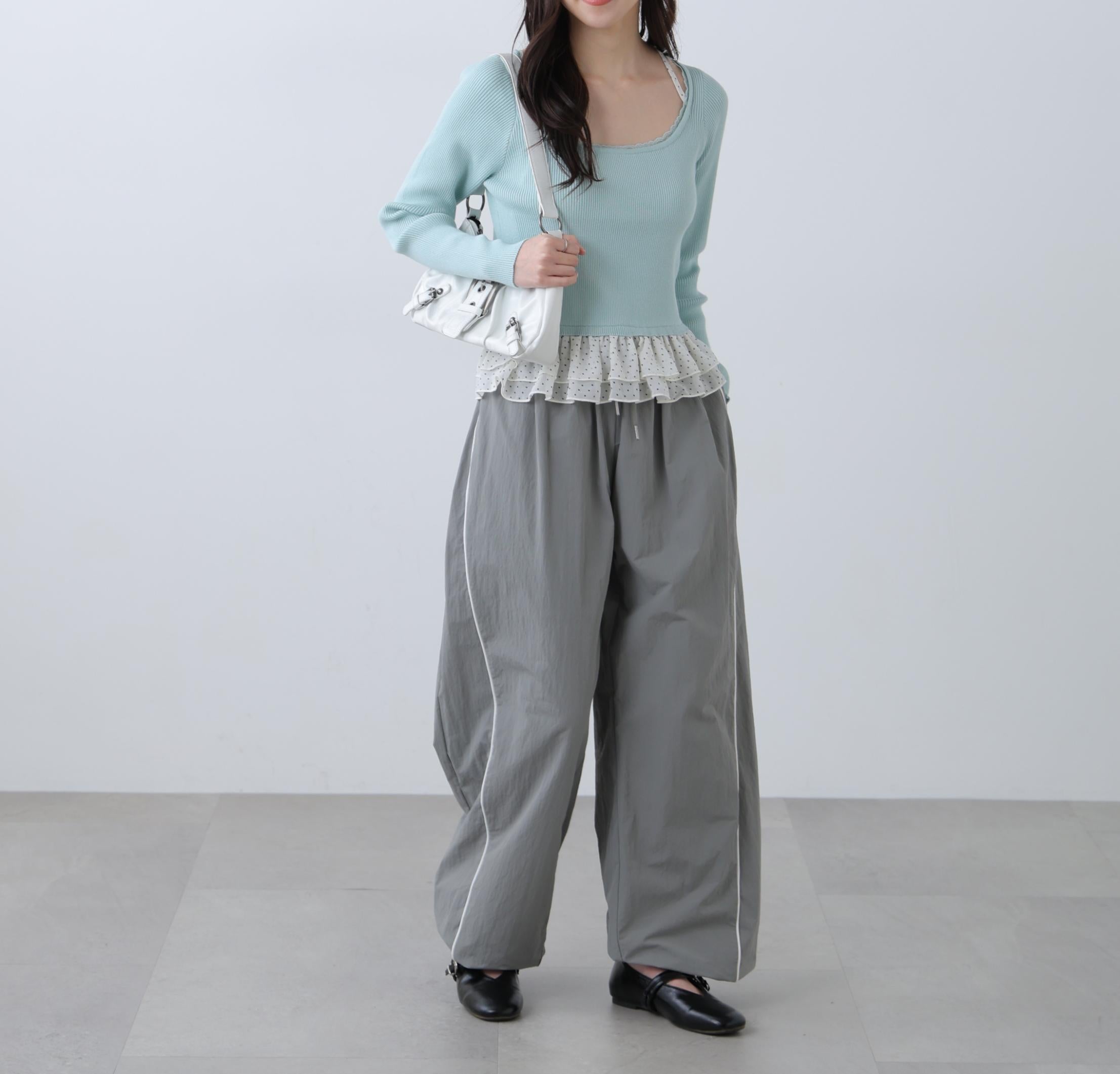 ドットフリルレイヤードニット ライトブルー