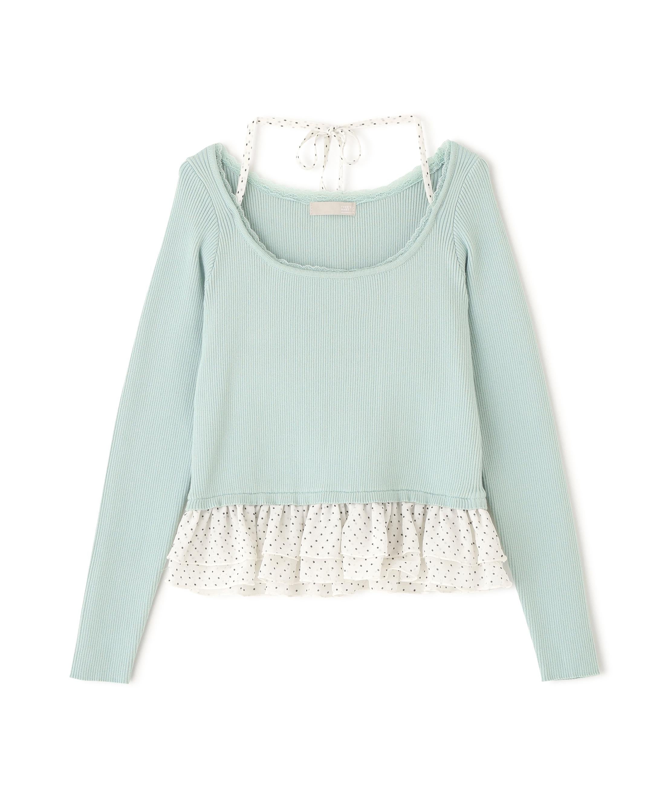 ドットフリルレイヤードニット ライトブルー