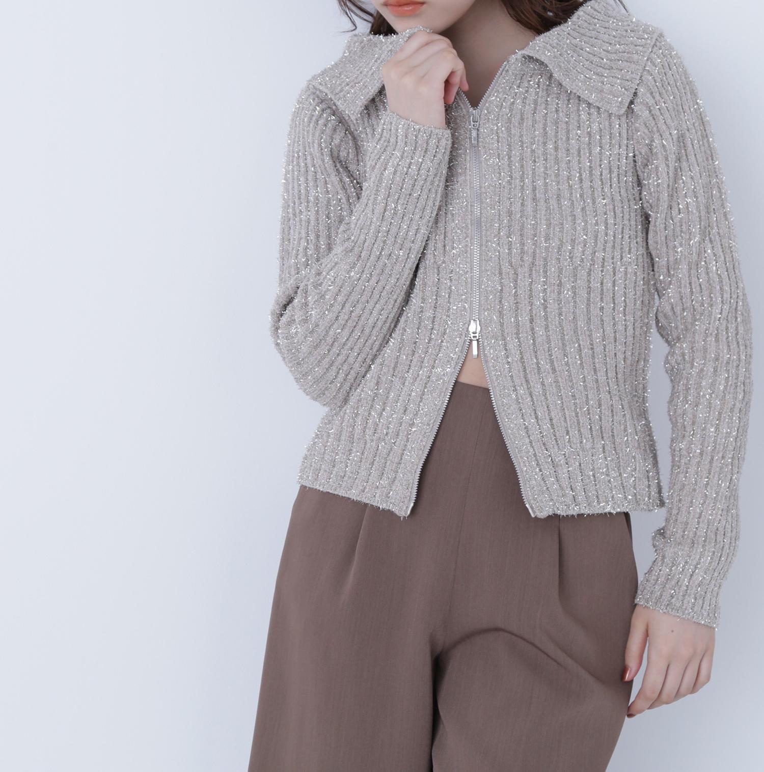 ラメシャギージップニット ベージュ