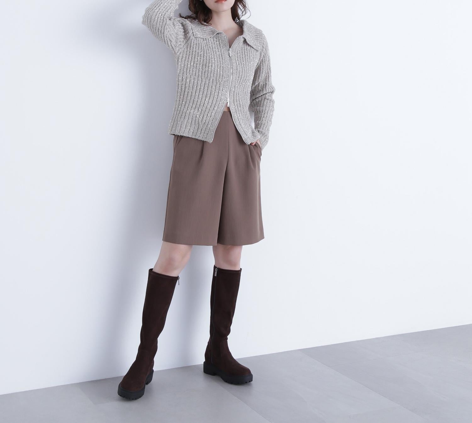 ラメシャギージップニット ベージュ