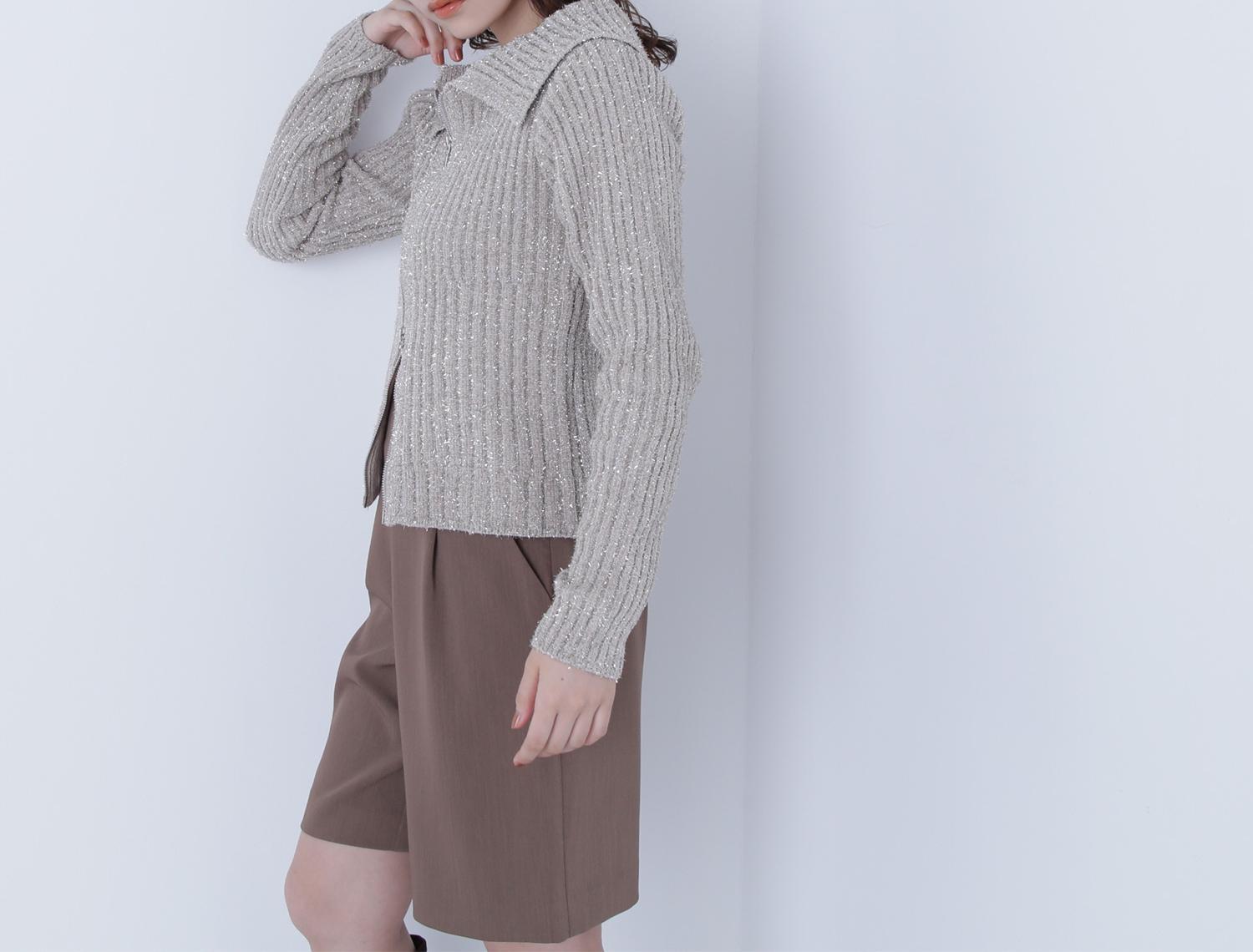 ラメシャギージップニット ベージュ