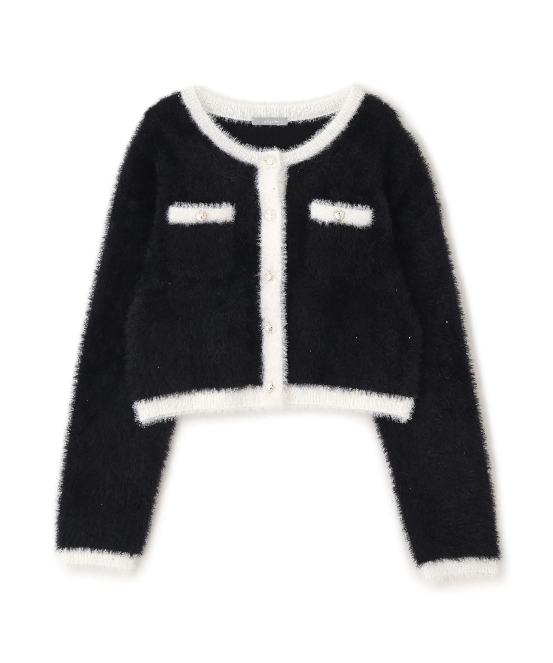 スパンコールフェザーニットジャケット ブラック×ホワイト1