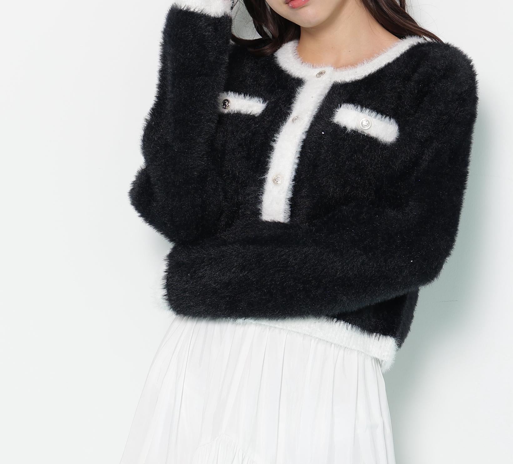 スパンコールフェザーニットジャケット ブラック×ホワイト1