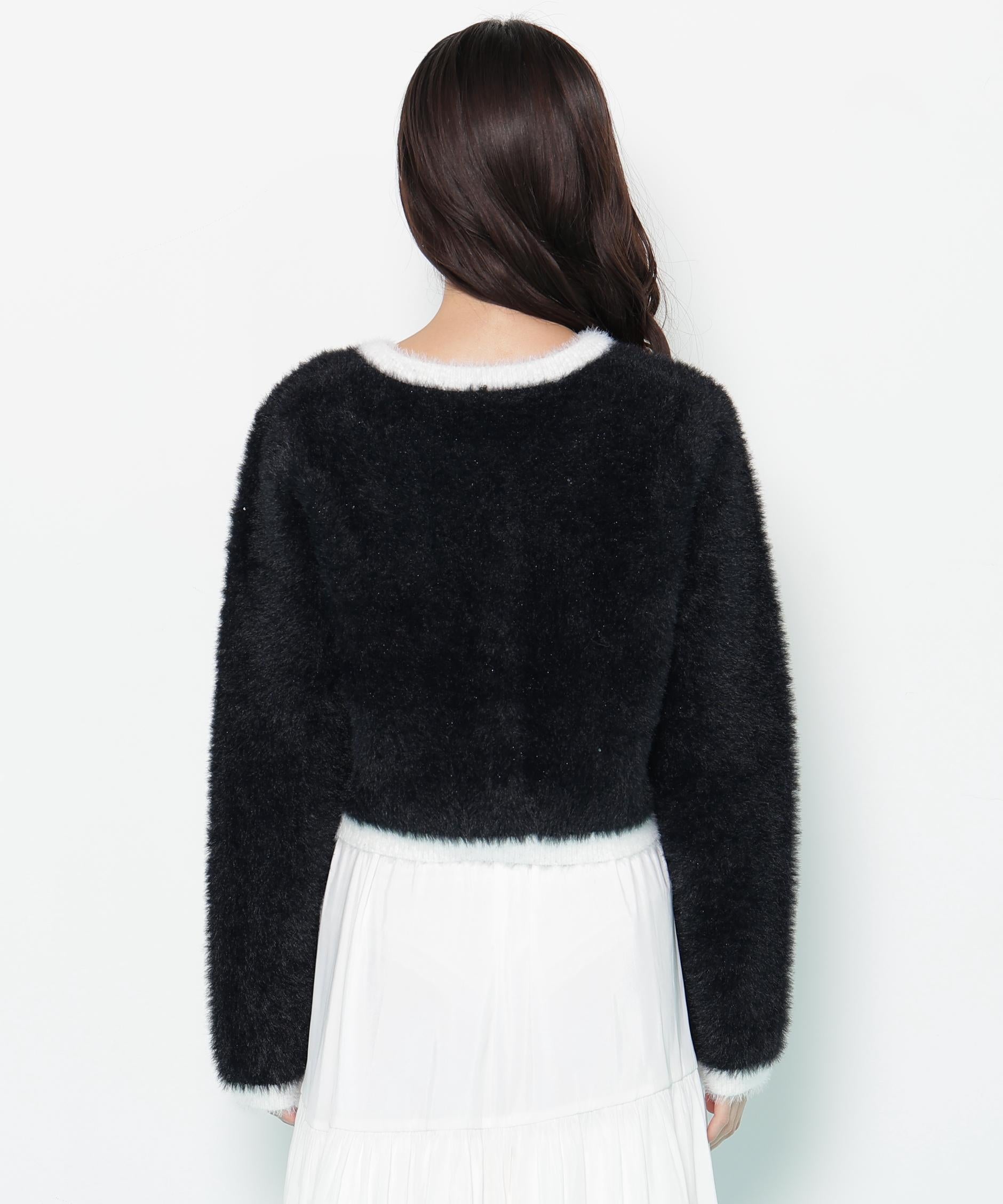 スパンコールフェザーニットジャケット ブラック×ホワイト1