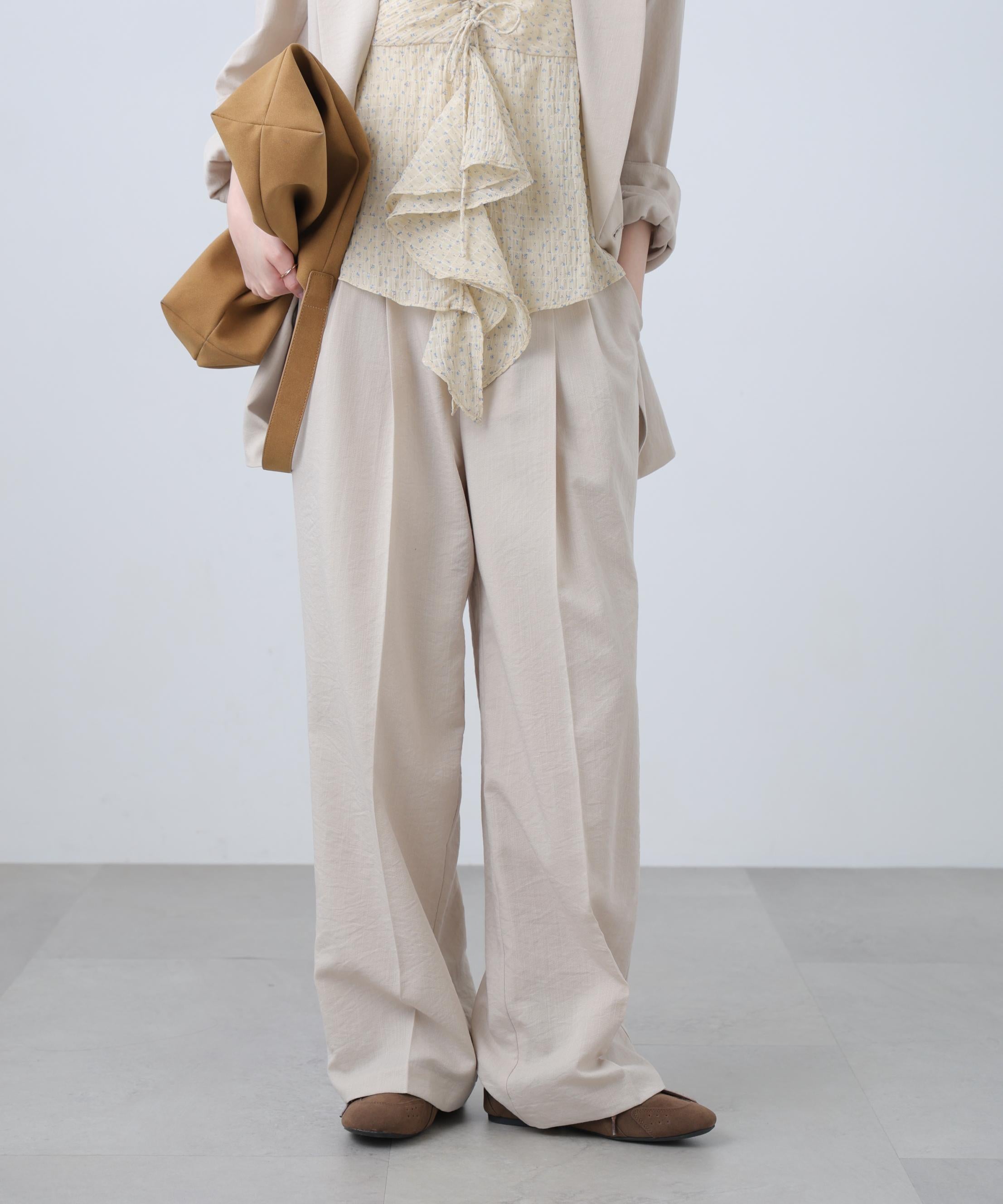 麻調合繊タックワイドパンツ オフベージュ