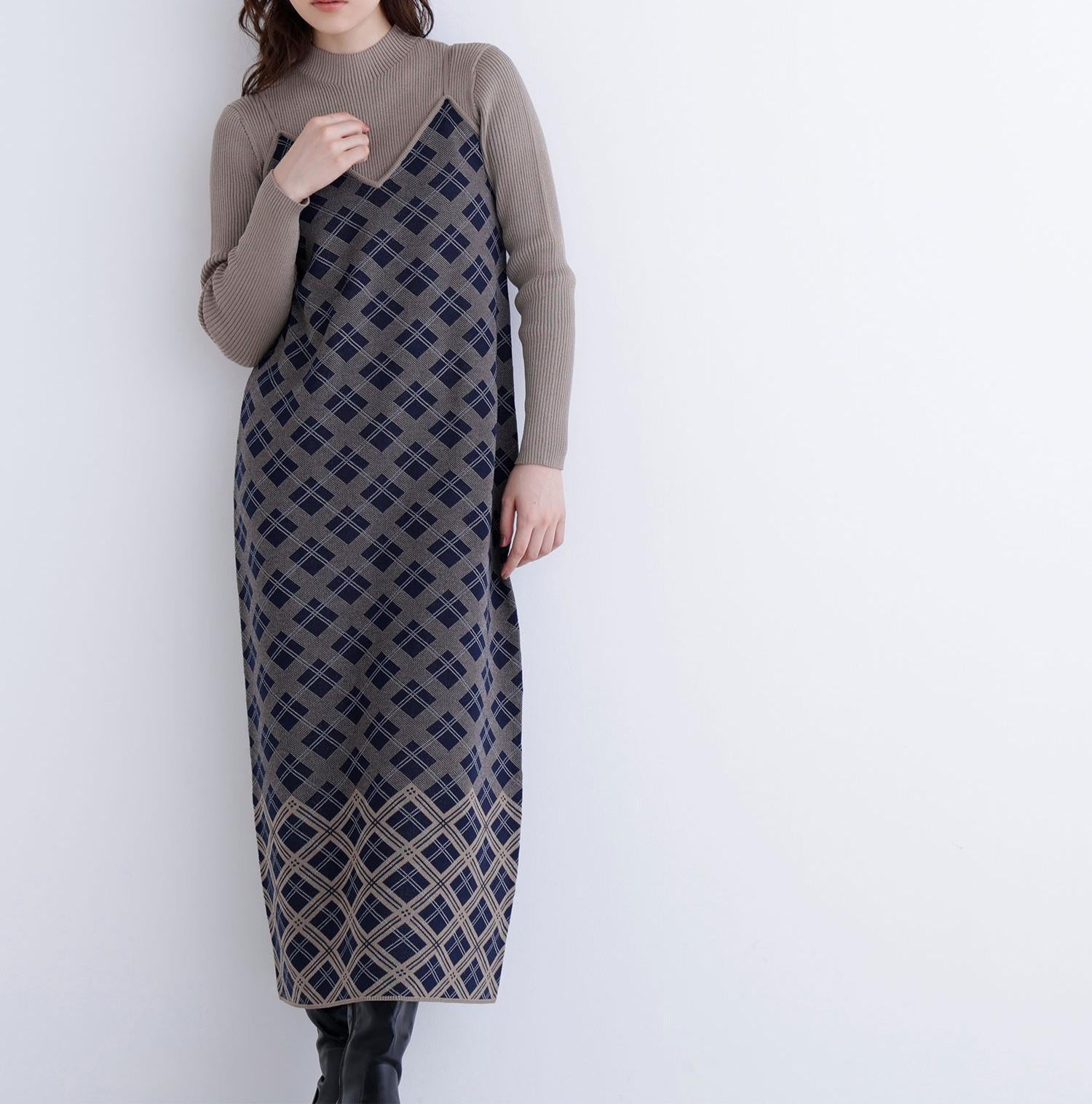 チェックニットキャミワンピースセット ネイビー系2