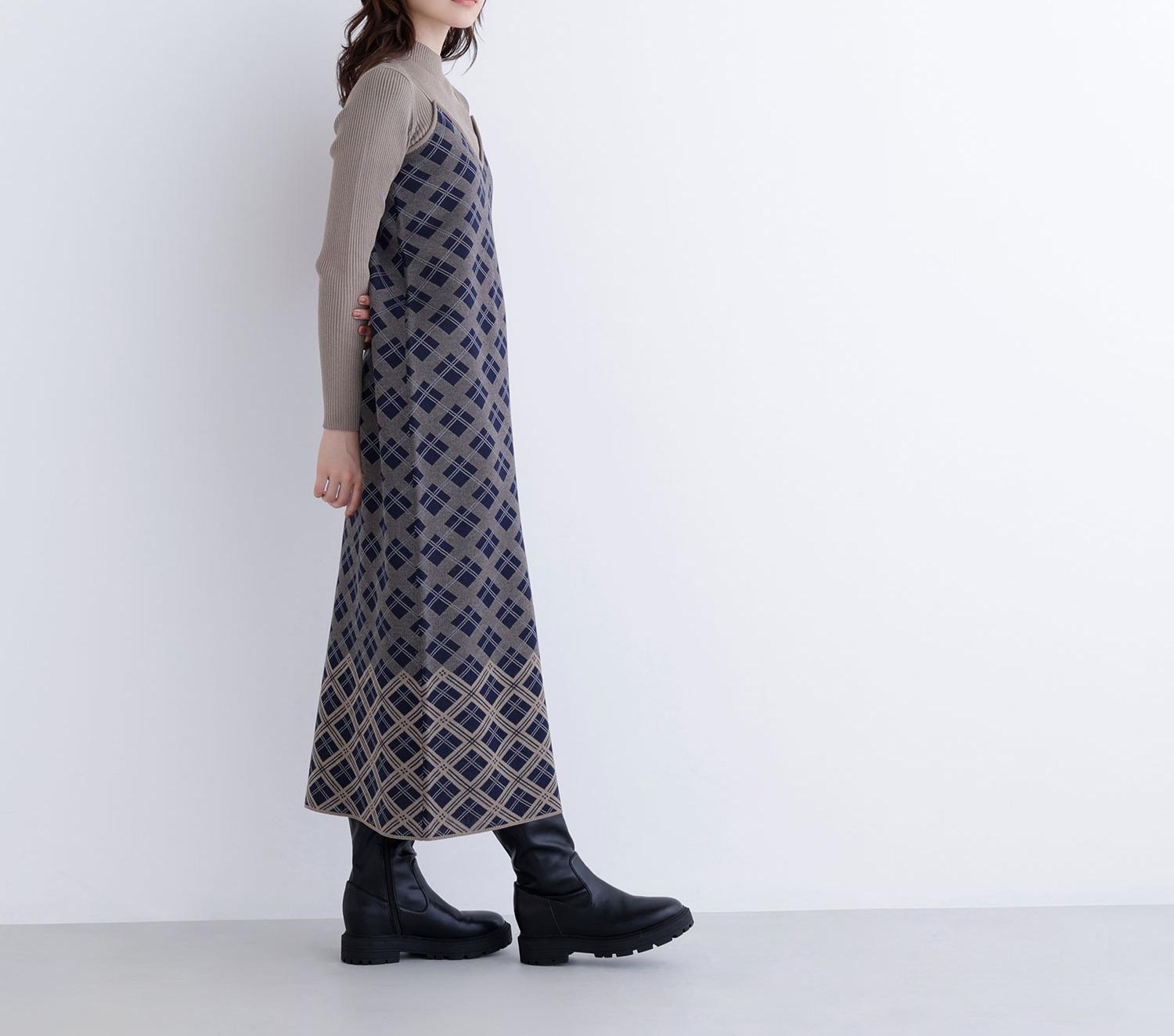 チェックニットキャミワンピースセット ネイビー系2