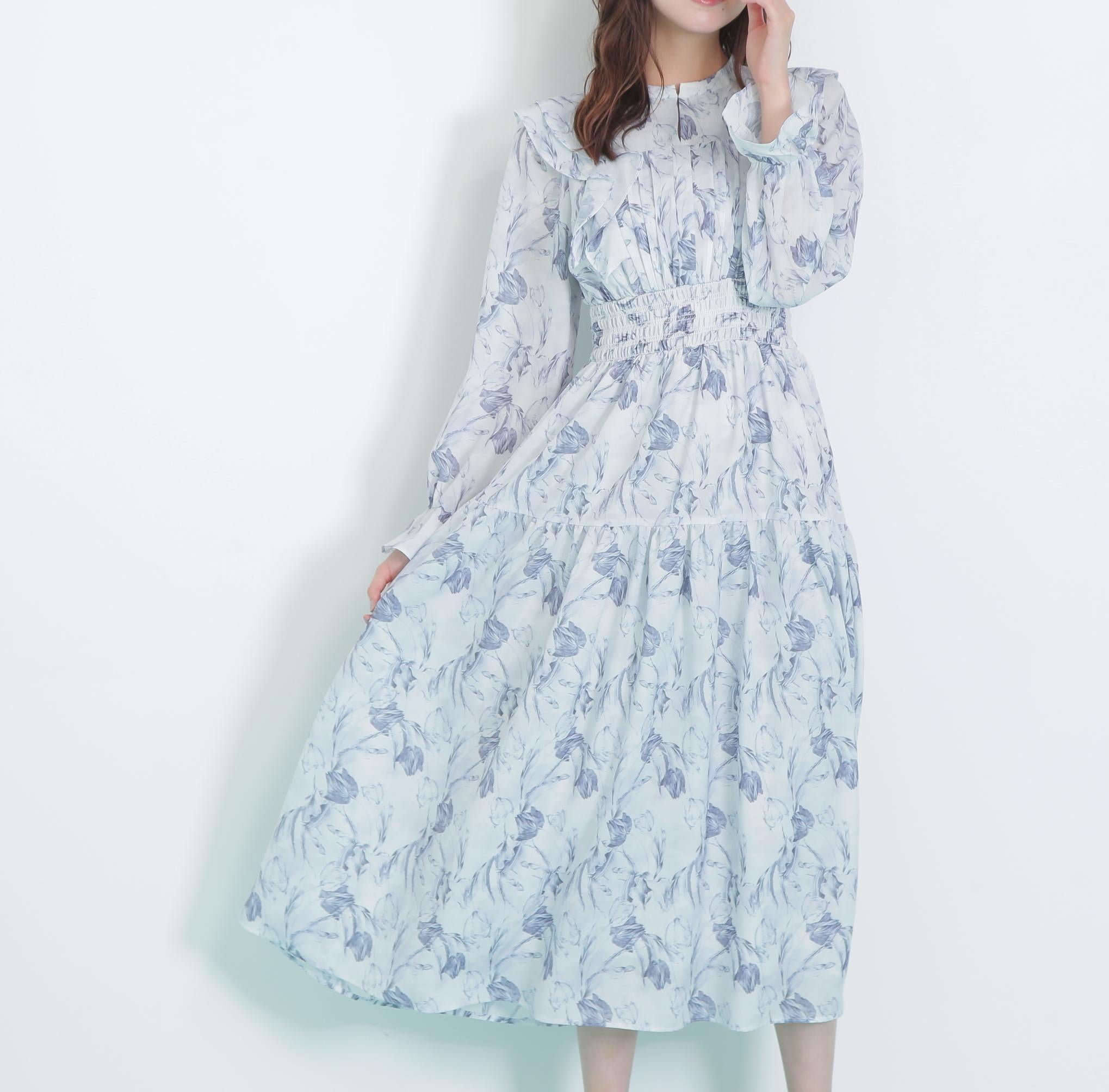 ピンタック花柄ワンピース ブルー